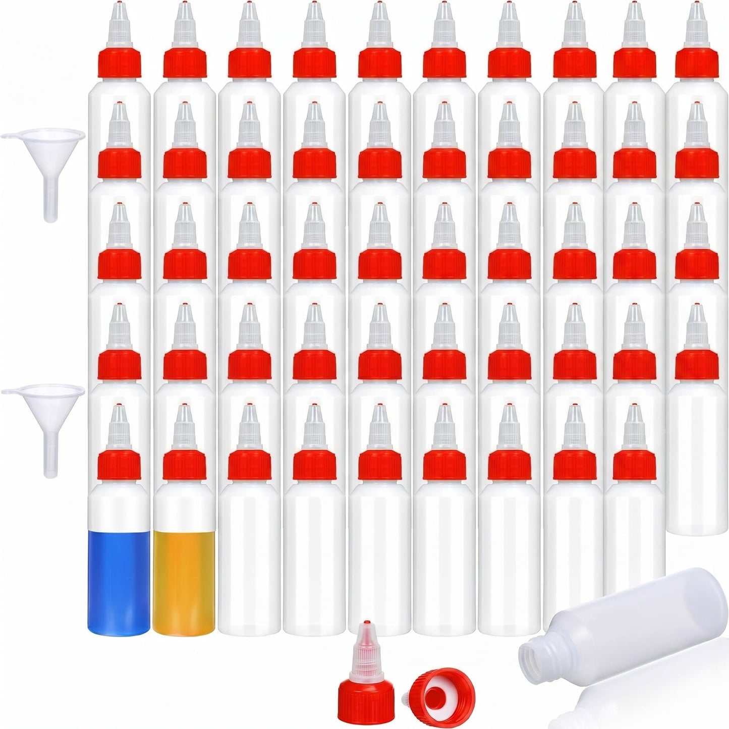 Honeydak 50 Pcs 2 oz Boston Dispensing Squeeze Bottles Empty Plastic Squeeze with Twist Cap Small Clear Bottle Round Bottles with 2 Funnels for Liquids Oils arts Kitchen Household(Black)