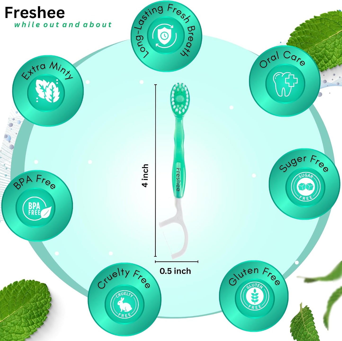 Freshee Disposable Toothbrushes with Toothpaste – 5 in 1 Mini Toothbrush with Floss, Pick, Tongue Scraper | No Water Needed | Individually Wrapped | Prepasted Travel Toothbrush | Extra Mint | Bead