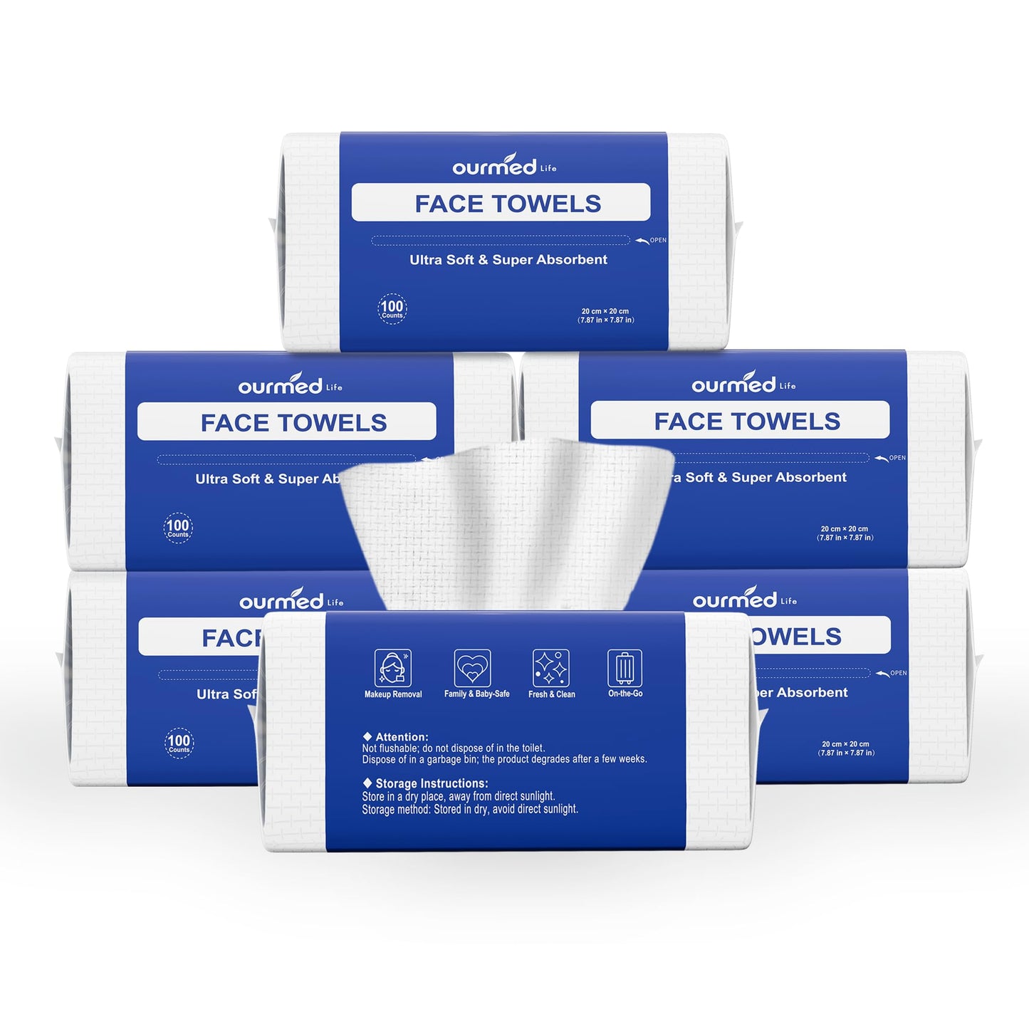 Ourmed Life Clean Face Towels Disposable, Ultra Soft & Absorbent, 100 Ct | Lint-Free, Sensitive Skin Friendly, Biodegradable, Skincare, Makeup Remover Dry Wipes, Facial Towels for Women Cleansing