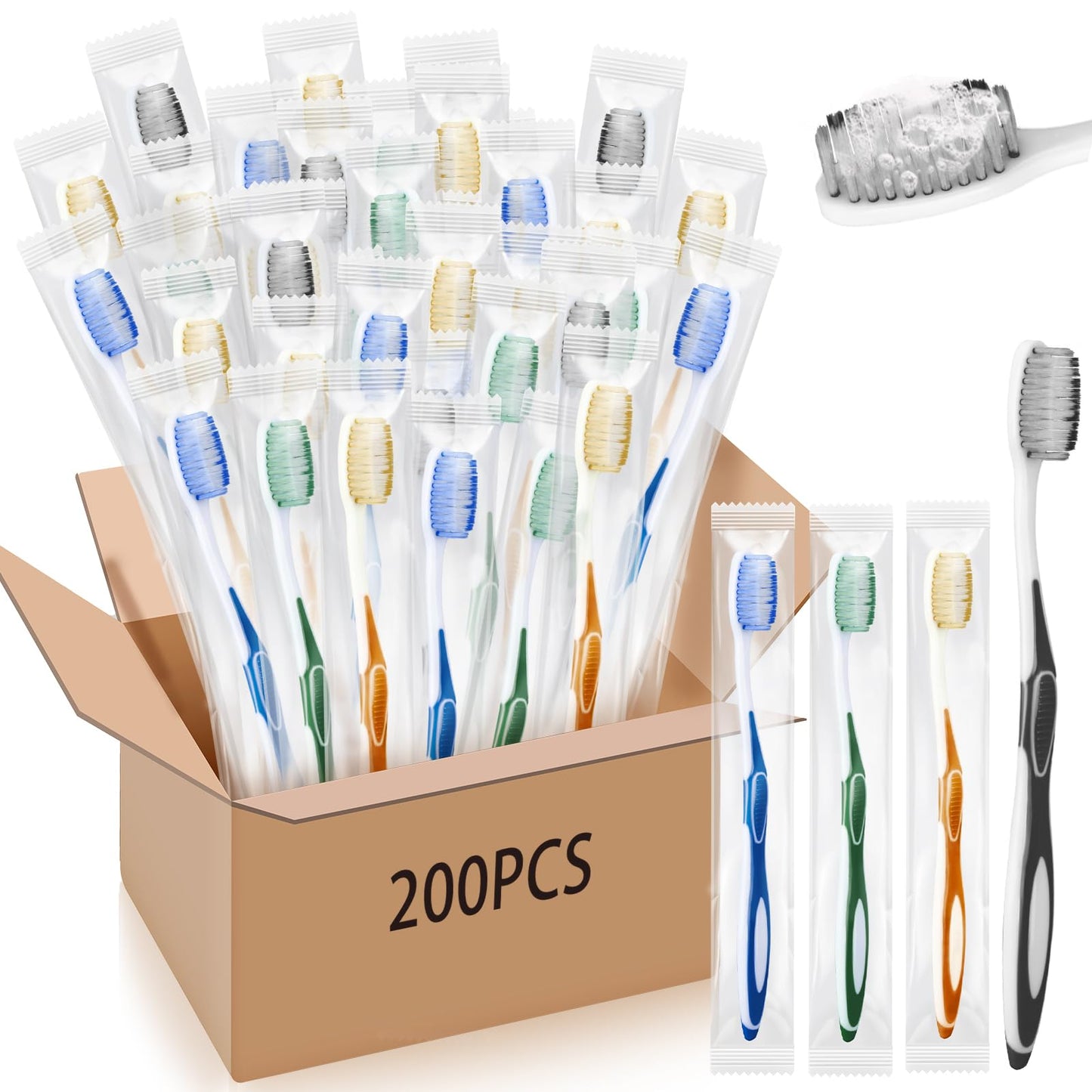 Maxcheck 200 Pack Disposable Toothbrushes Bulk,Blue, Orange, Green, Purple | Prepasted Toothpaste Built in, Individually Wrapped, For Travel Hotel Guests Donation Shelters Camping Homeless Gift
