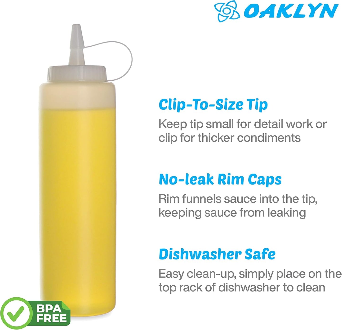 Oaklyn Squirt Bottles, BPA-Free Condiment Squeeze Bottles, 16oz, 6 Pack | For Sauces, Dressings, Oils, BBQ & Crafts – Durable, Leak-Proof, Easy to Fill & Clean