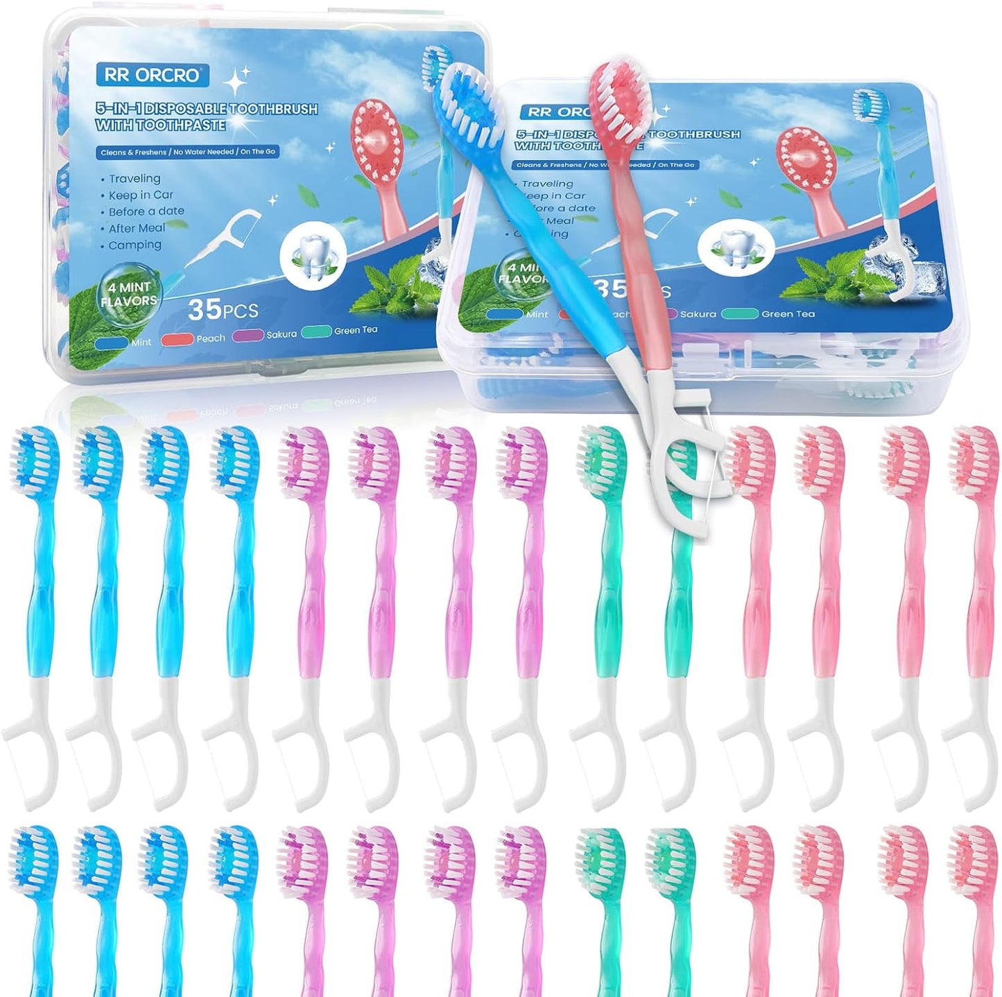 70Pack 5-In-1 Mini Disposable Toothbrushes with Toothpaste, No Rinsing | Prepasted Toothbrush with Pick Floss, Tongue Scraper, Waterless Single Use Brush for Travel Hotel Camping Flight