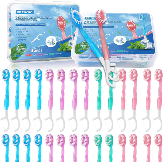70Pack 5-In-1 Mini Disposable Toothbrushes with Toothpaste, No Rinsing | Prepasted Toothbrush with Pick Floss, Tongue Scraper, Waterless Single Use Brush for Travel Hotel Camping Flight