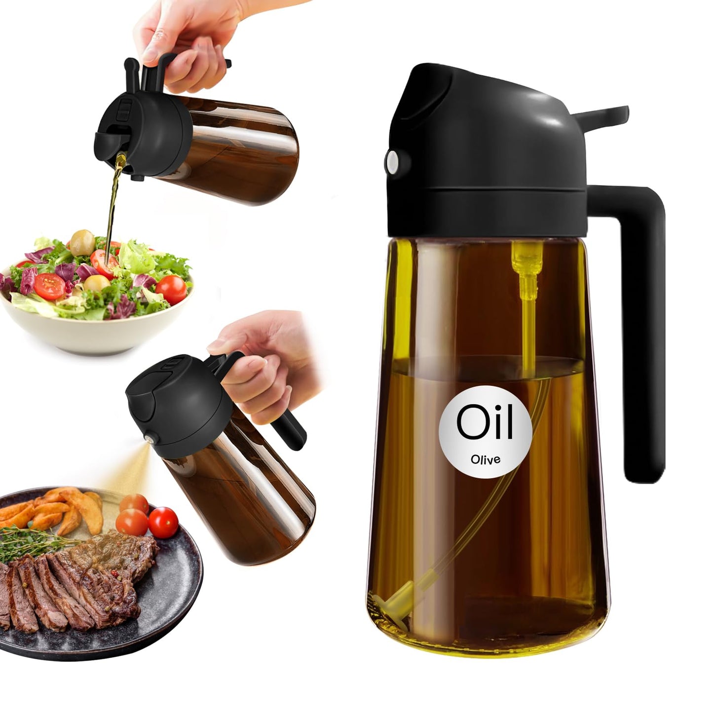 YARRAMATE 16oz/470ml Light Blocking Oil Sprayer for Cooking (Black) | Food-Grade 2 in 1 Olive Oil Dispenser Bottle for Kitchen, Premium Dark Amber Glass Oil Bottle for Air Fryer, BBQ