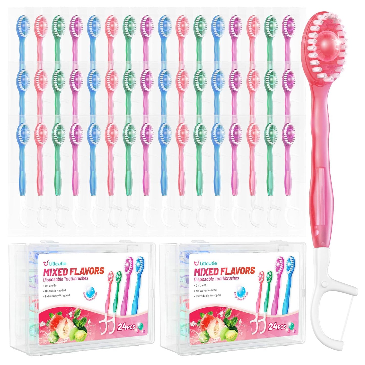 12 Pack 5 in 1 Mini Disposable Toothbrush Kit, Green Tea Flavor | Individually Wrapped, Built-in Toothpaste, Floss, Tooth Pick, Tongue Scraper, Portable for Kids Adults