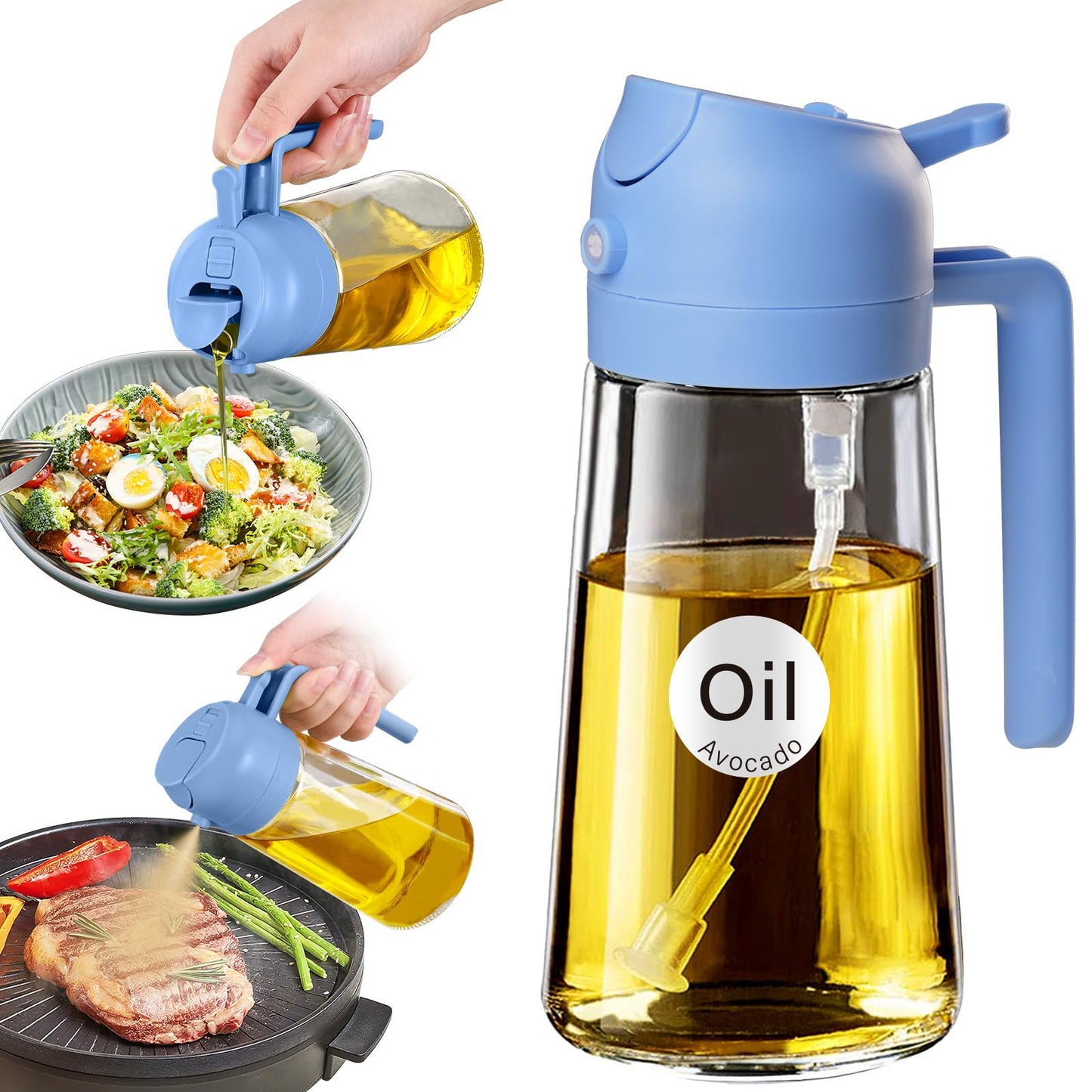 YARRAMATE 16 oz 2-in-1 Glass Olive Oil Sprayer for Cooking, Black | Food-grade dispenser bottle, 470 ml, spray and pour, portion control, stickers included, for salad, frying and BBQ