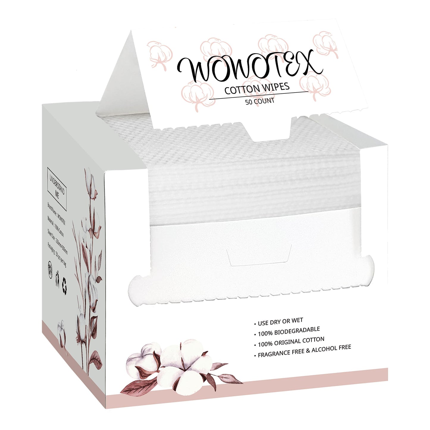 WOWOTEX Bamboo Rayon Disposable Face Towels for Sensitive Skin, Ultra Soft | 60 Count, 10"×12" Large Dry Wipes for Makeup Removal and Cleansing, Lint-free, Biodegradable, Extra Thick & Absorbent