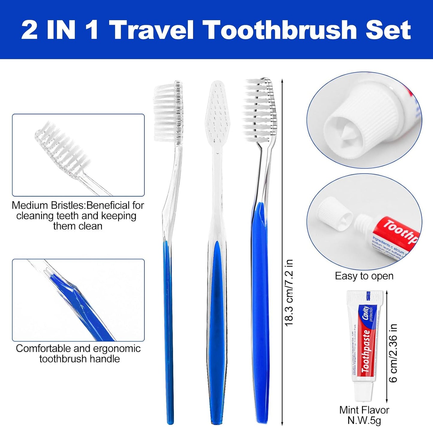 50 Disposable Toothbrushes with Toothpaste Individually Wrapped 5 Colors | Bulk Toothbrush and Toothpaste for Homeless Travel Shelter Air Bnb Hotel Guest