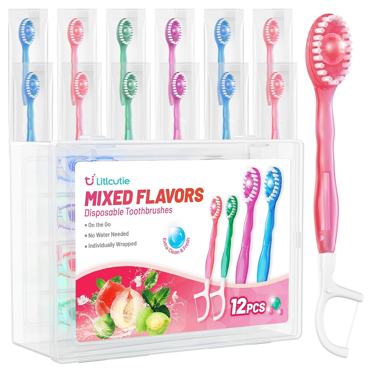 12 Pack 5 in 1 Mini Disposable Toothbrush Kit, Green Tea Flavor | Individually Wrapped, Built-in Toothpaste, Floss, Tooth Pick, Tongue Scraper, Portable for Kids Adults