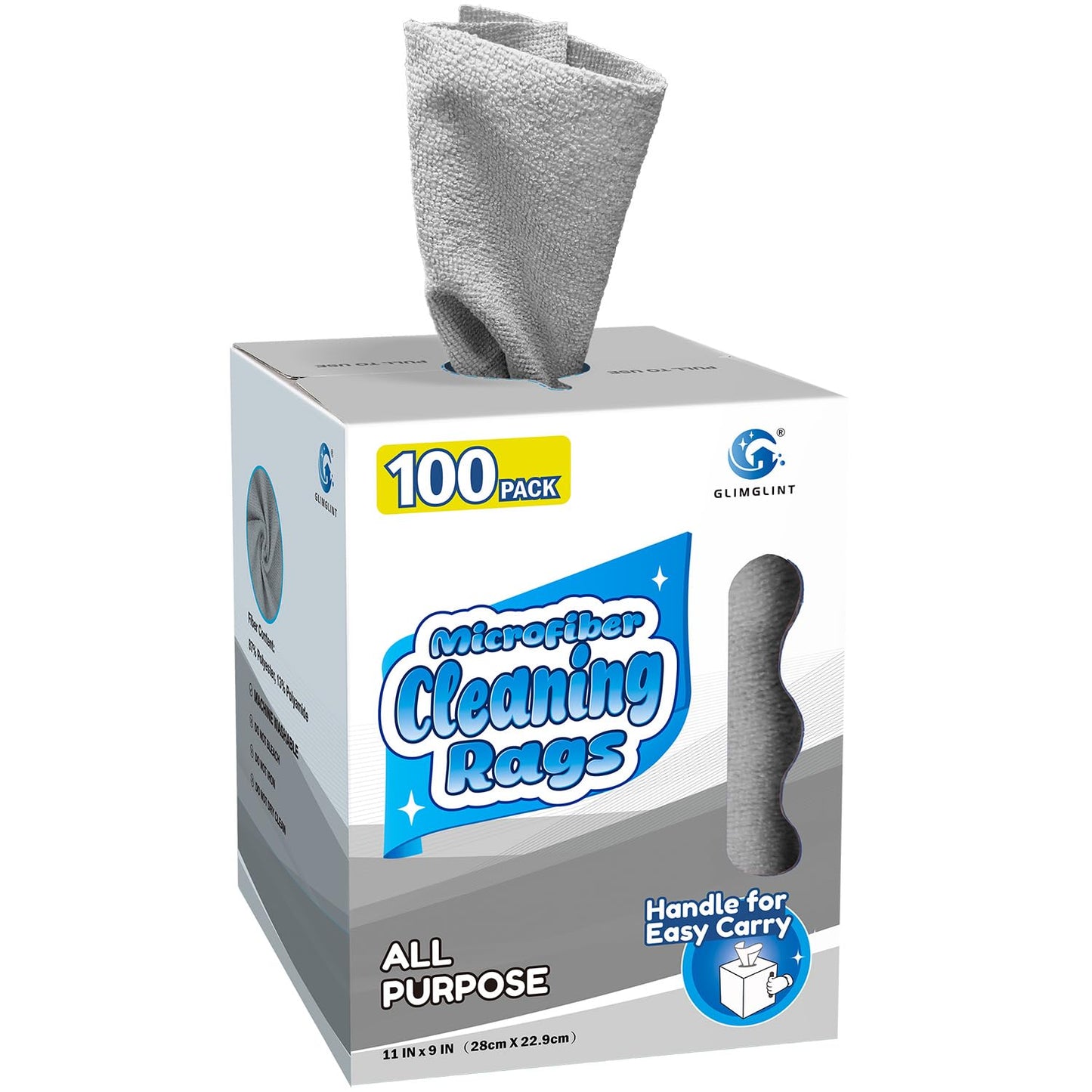 GLIMGLINT Microfiber Cleaning Cloth 100 Pack, Reusable Paper Towels 11 x 9 | Lint Free & Ultra Absorbent Cleaning Rags for Car, Home, Kitchen, Glass & Screen, Washable Shop Towel Rag with Box Grey