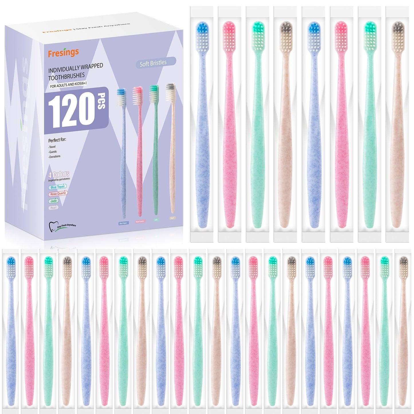 Bulk Disposable Toothbrushes, Individually Wrapped, 48 Count | Soft bristle toothbrushes, full-size handles, 4 colors; ideal for adults, kids, guests, hotels, travel, camping, hygiene kits