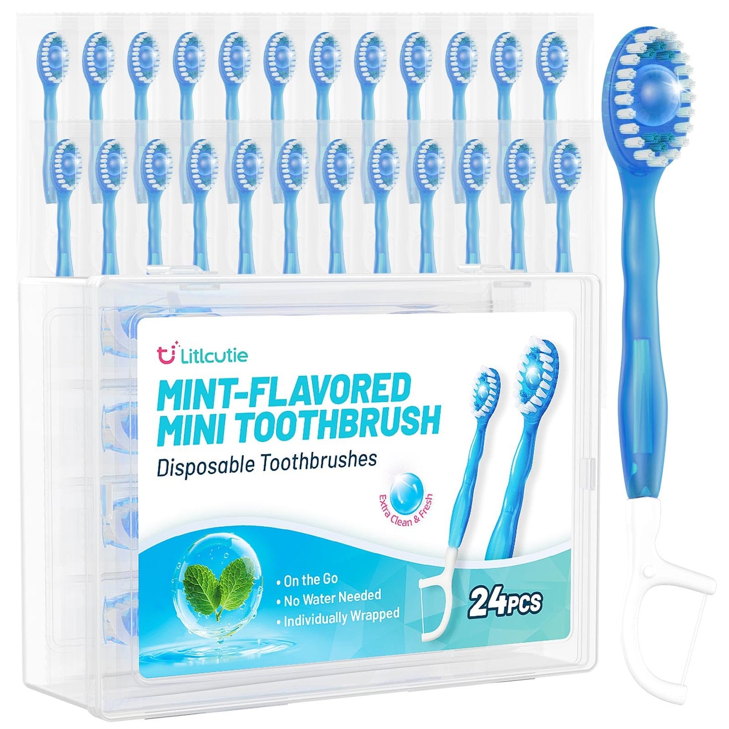 12 Pack 5 in 1 Mini Disposable Toothbrush Kit, Green Tea Flavor | Individually Wrapped, Built-in Toothpaste, Floss, Tooth Pick, Tongue Scraper, Portable for Kids Adults