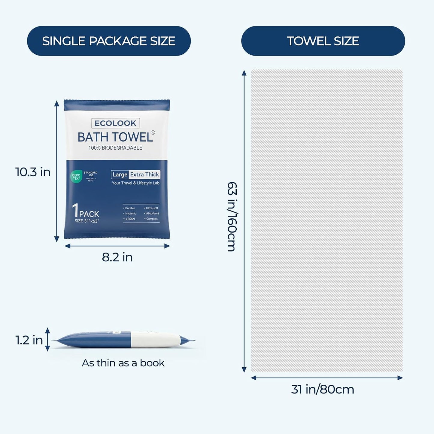 ecolook Disposable Bath Towels for Travel, 6-Pack Extra Large 31"x63", 100GSM Plant Fiber, Dual Texture Soft & Quick-Drying Disposable Towels for Hotel Camping Beach Swimming Gym Sauna Spa