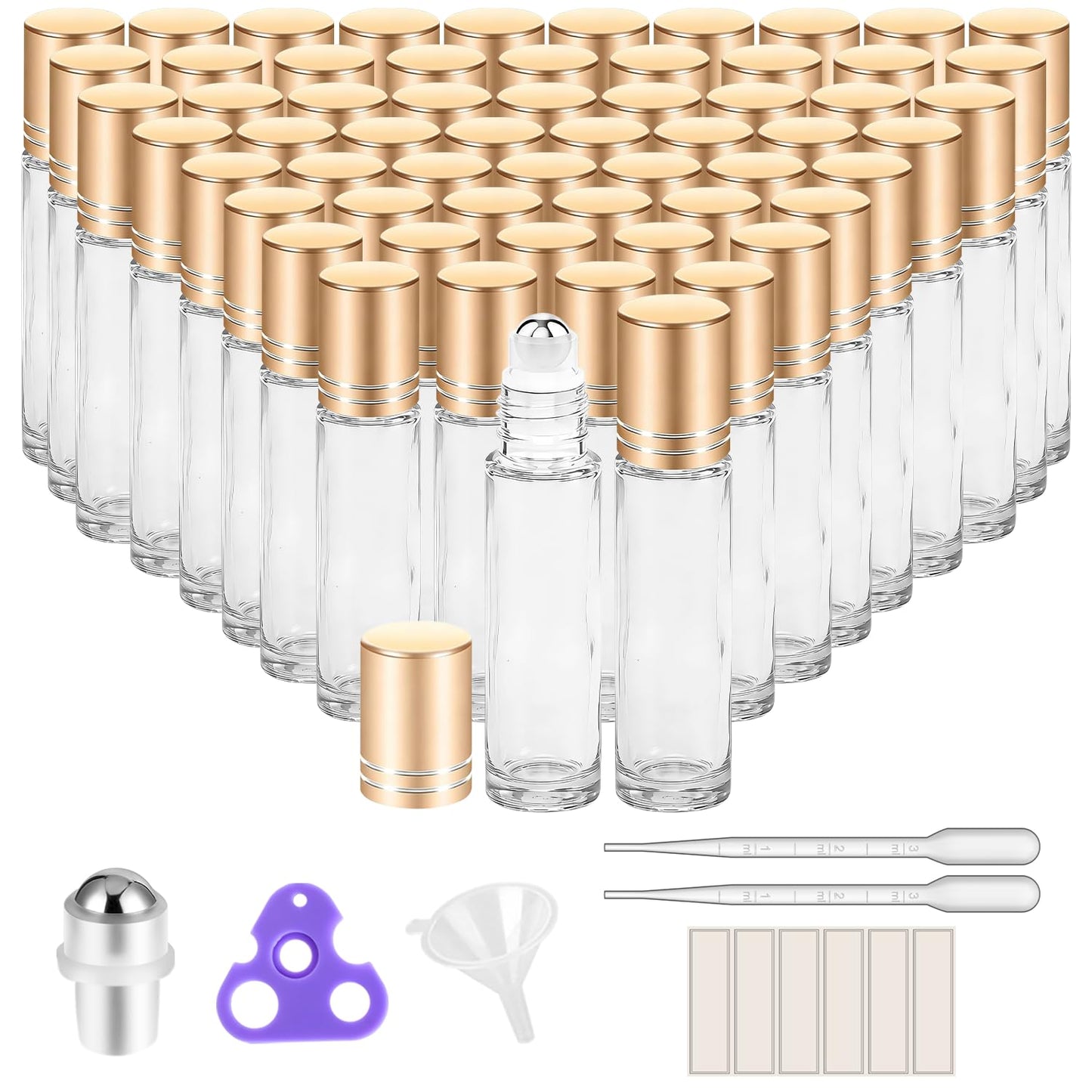 PrettyCare Set of 60, 10 ml Essential Oil Roller Bottles with Stainless Steel Roller Ball - Bulk Refillable Leak-proof Empty Clear Glass Roll on Bottles with Silver Metal Caps for Travel, Perfume