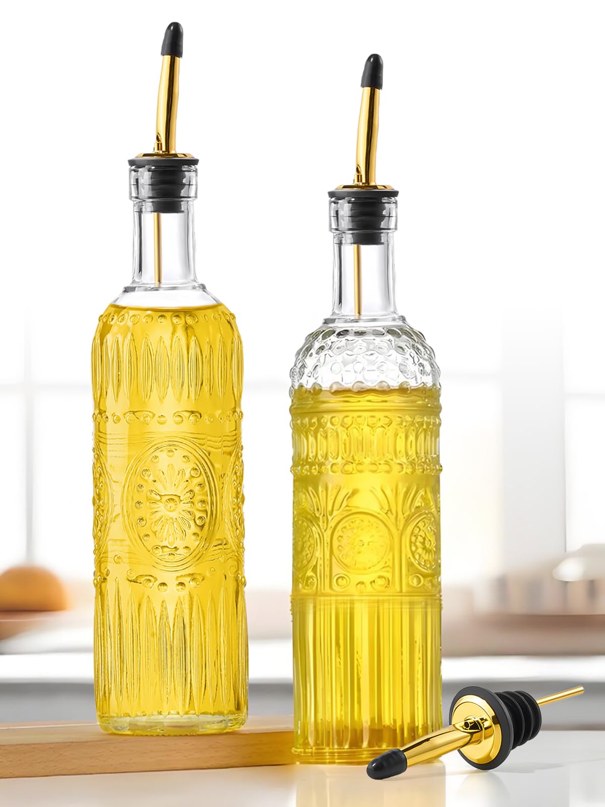 2 Pcs Olive Oil Dispenser Bottle for Kitchen,17oz Clear Glass Cooking Oil and Vinegar Dispenser Set, Coffee Syrup Dispenser with 2 Pourers and 1 Funnel (Two squares)