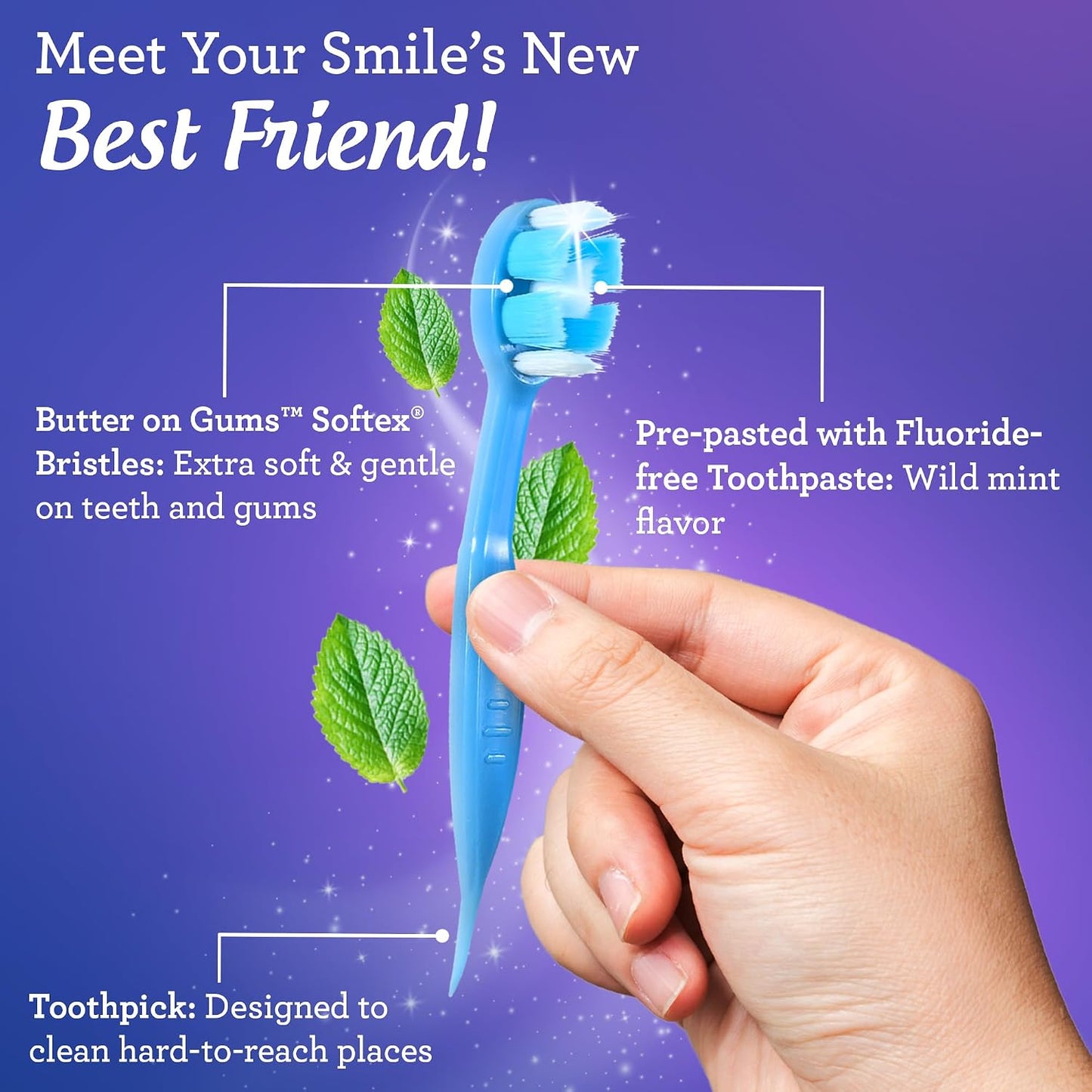 GuruNanda Disposable Travel Toothbrush 1.0, Fluoride Free Toothpaste, 70 ct | 2-In 1 Ready-To-Go Soft Bristle Toothbrushes with Toothpick|Individually Wrapped Travel Essentials|Made with Recycled Plastic