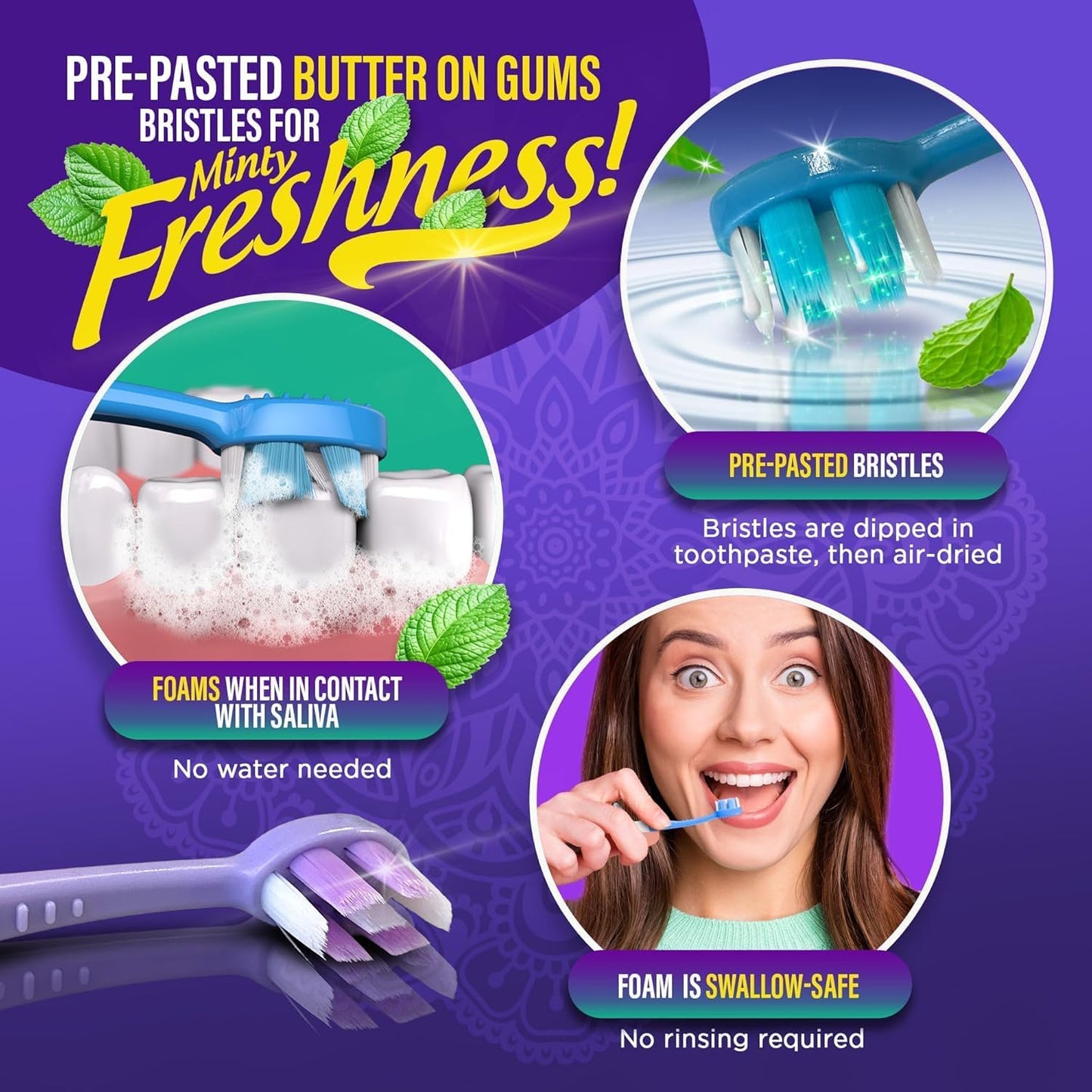 GuruNanda Disposable Travel Toothbrush 2.0, Fluoride Free Toothpaste, 60 ct | 6-In-1 Ready-To-Go Soft Toothbrushes with Tongue Scraper, Floss & Toothpick|Individually Wrapped|Made with Recycled Plastic