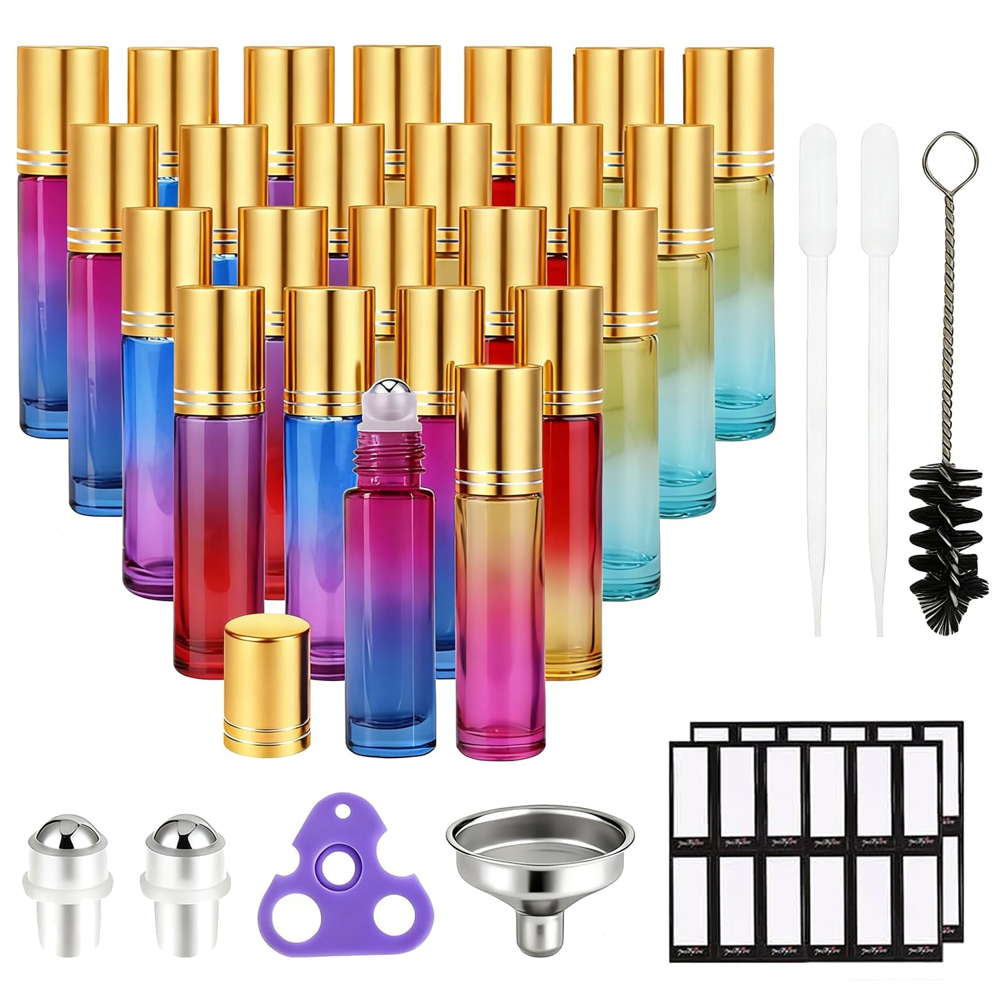PrettyCare Set of 60, 10 ml Essential Oil Roller Bottles with Stainless Steel Roller Ball - Bulk Refillable Leak-proof Empty Clear Glass Roll on Bottles with Silver Metal Caps for Travel, Perfume