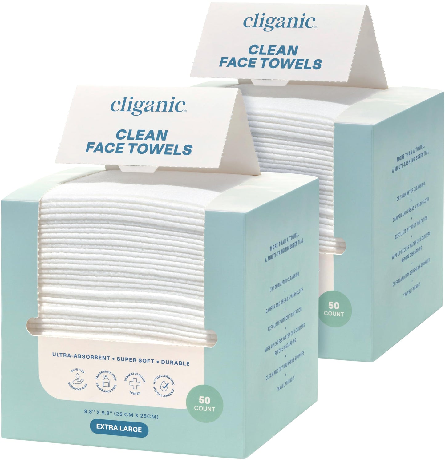 Cliganic Clean Face Towels XL, Disposable, Ultra-Absorbent, Hypoallergenic & Soft - Makeup Remover Dry Wipes, Pamper Your Face, Feel Fresh & Radiant, Hygienic Towelettes, for All Skin Types (50 Ct)