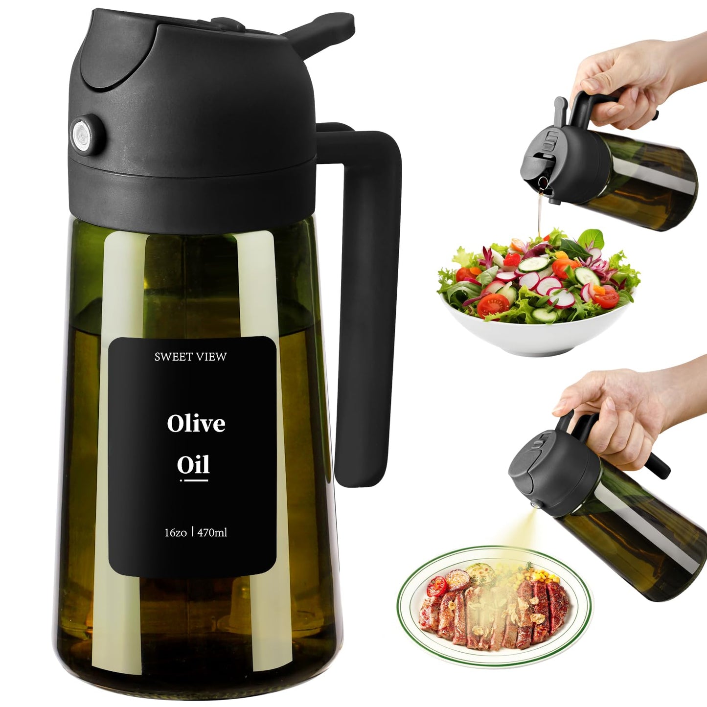 SWEET VIEW 2Pcs Olive Oil Spray Bottle 16oz/470ml | Glass Light-Proof Oil Pourer/Dispenser for Kitchen Air Fryer, Cooking, Salad, and BBQ, with Stickers