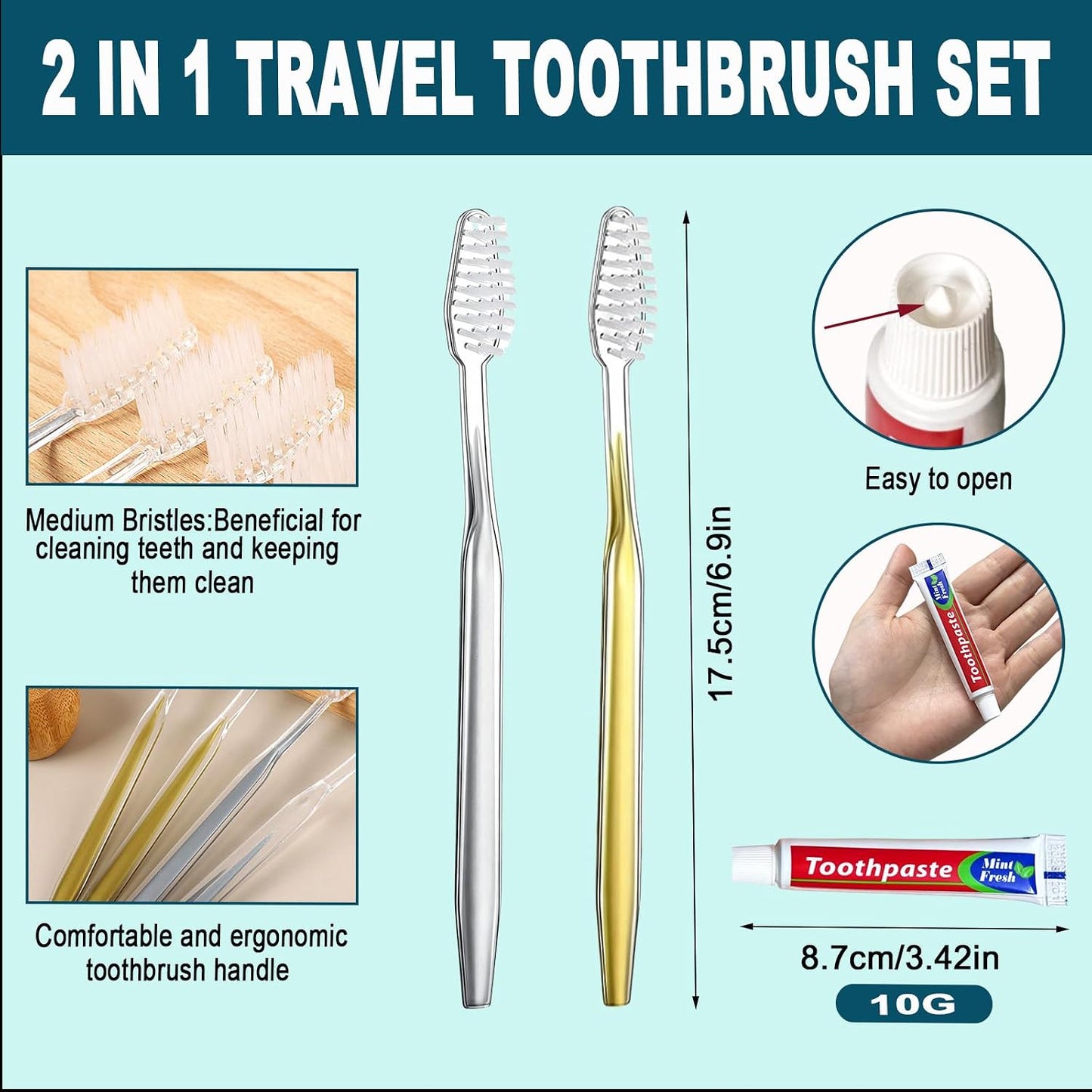 50 pcs Disposable Toothbrushes with Toothpaste, 2 Color Toothbrushes and Toothpaste 10g, Bulk for Homeless, Travel, Hotel,Charity