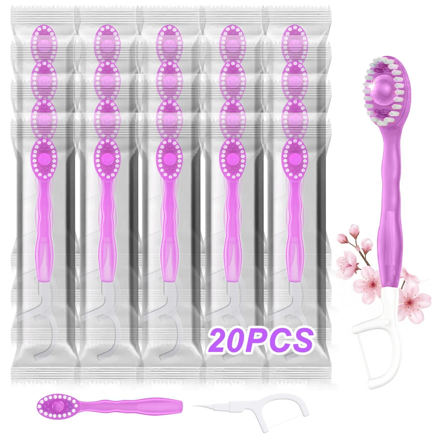 10 Pack 5-in-1 Disposable Toothbrushes with Toothpaste, Mint Flavor | Built-in Floss, Toothpick & Tongue Scraper, Individually Wrapped Mini Toothbrush Set for Travel, Camping & Daily Work Use