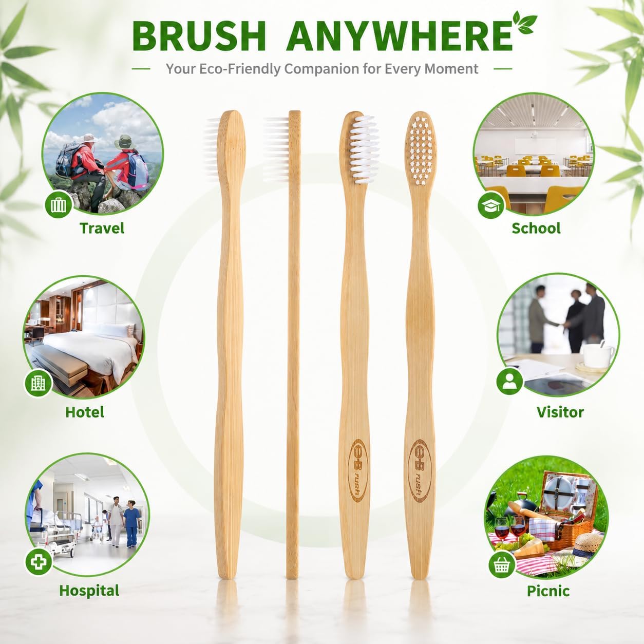 B Rush® 72Pack Bamboo Prepasted Toothbrush, Individually Wrapped Mini Travel Toothbrush with Pre-Pasted Mint Gel, Biodegradable Eco-Friendly Disposable Toothbrushes Travel Set for Adults & Kids