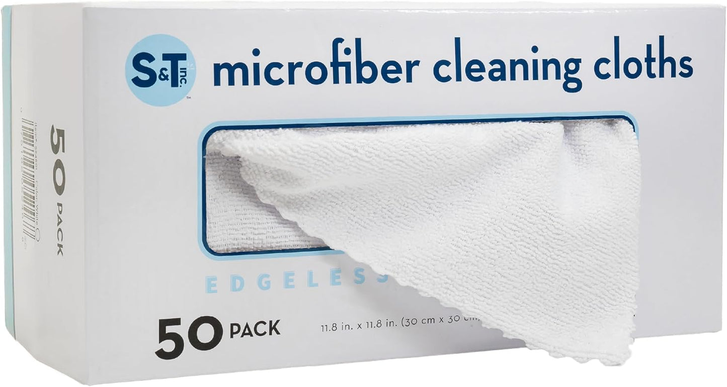 S&T INC. Microfiber Cleaning Cloth, 50 Pack, 11.8" x 11.8", White | Storage Box Included, Edgeless Cleaning Cloth for Home and Car, Reusable and Multi-Purpose Cleaning Rags, Machine Washable