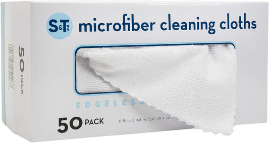 S&T INC. Microfiber Cleaning Cloth, 50 Pack, 11.8" x 11.8", White | Storage Box Included, Edgeless Cleaning Cloth for Home and Car, Reusable and Multi-Purpose Cleaning Rags, Machine Washable