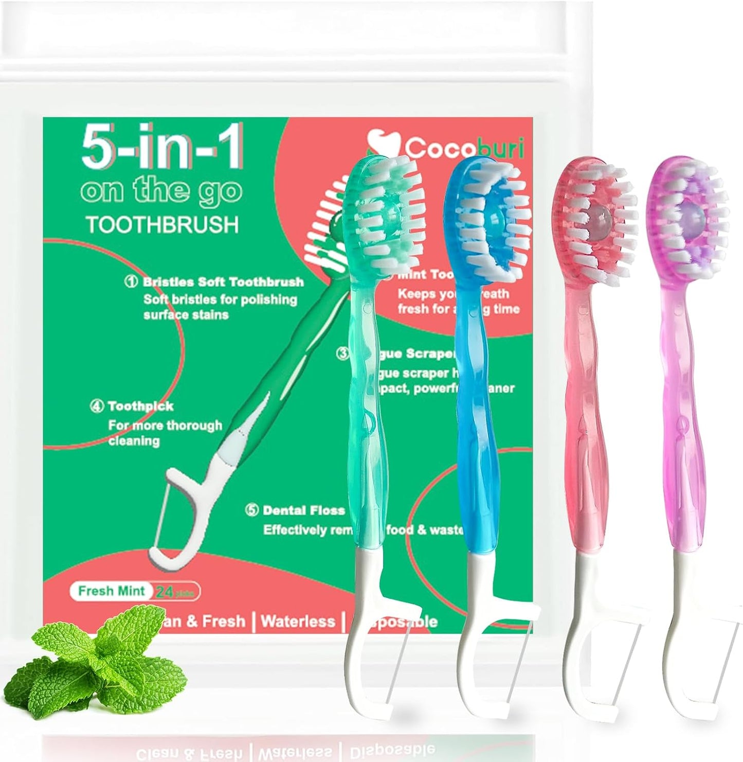 Mini Dispoasble Toothbrush with Toothpaste&Toothpick-24 Packs | Prepasted Travel Toothbrush - Fluoride Free, No Rinsing,5-in-1 with Floss Pick Tongue Cleaner for Braces Travel Camping