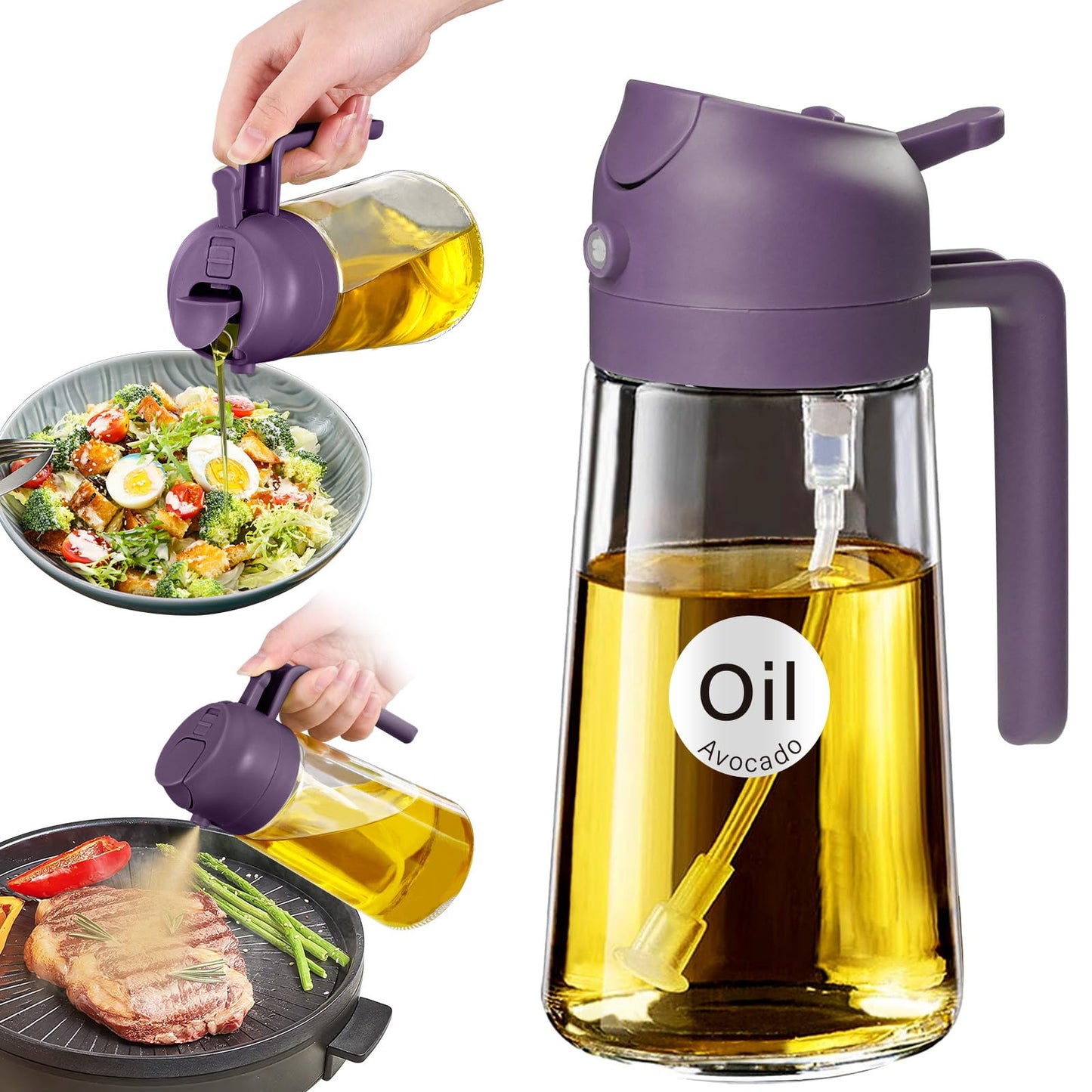 YARRAMATE 16 oz 2-in-1 Glass Olive Oil Sprayer for Cooking, Black | Food-grade dispenser bottle, 470 ml, spray and pour, portion control, stickers included, for salad, frying and BBQ