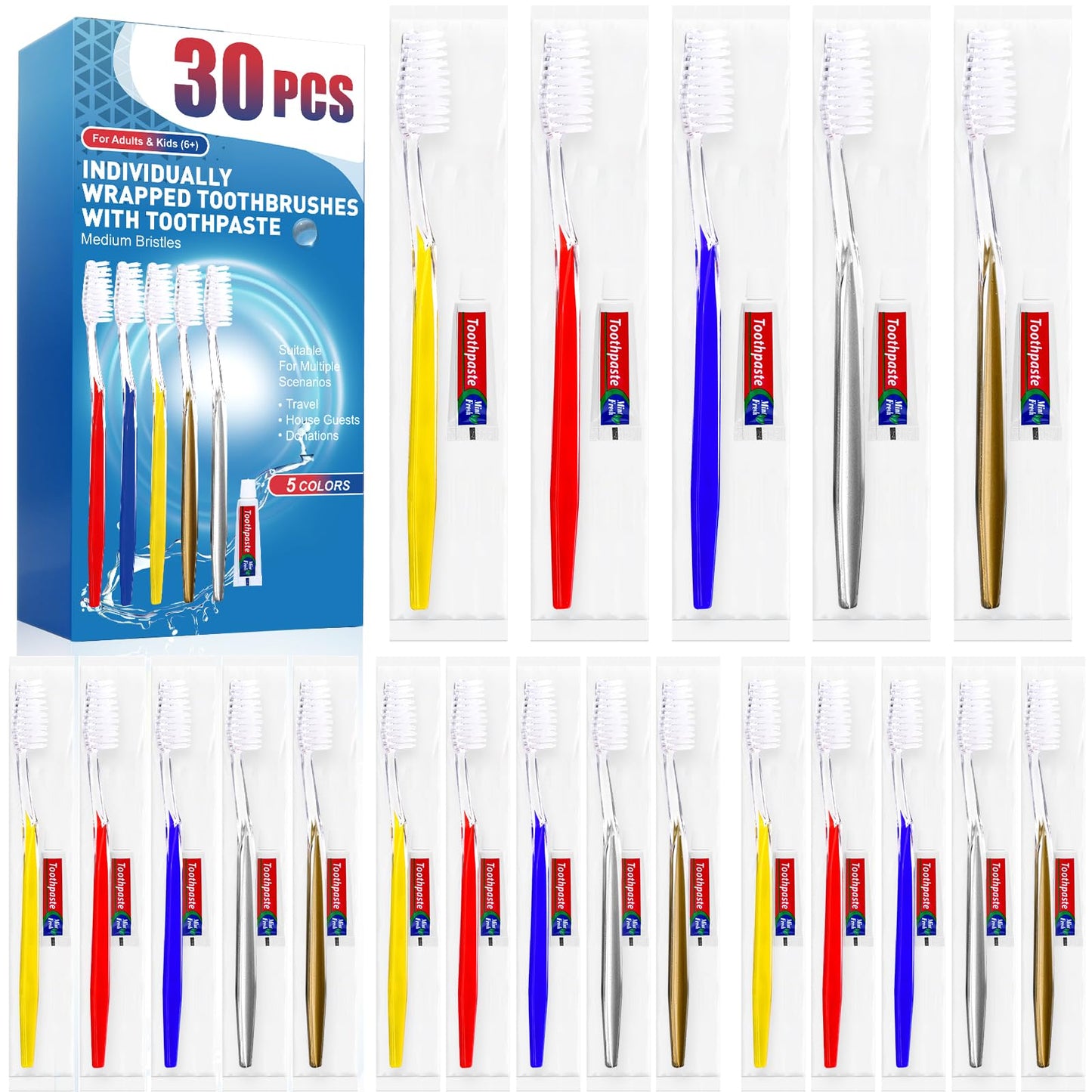 30 PCS Disposable Toothbrushes Pack, Bulk Toothbrush Individually Wrapped | Medium Soft Bristle Toothbrush, Kids Toothbrushes, Ergonomics Handle, Perfect for Travel Hotel Donation