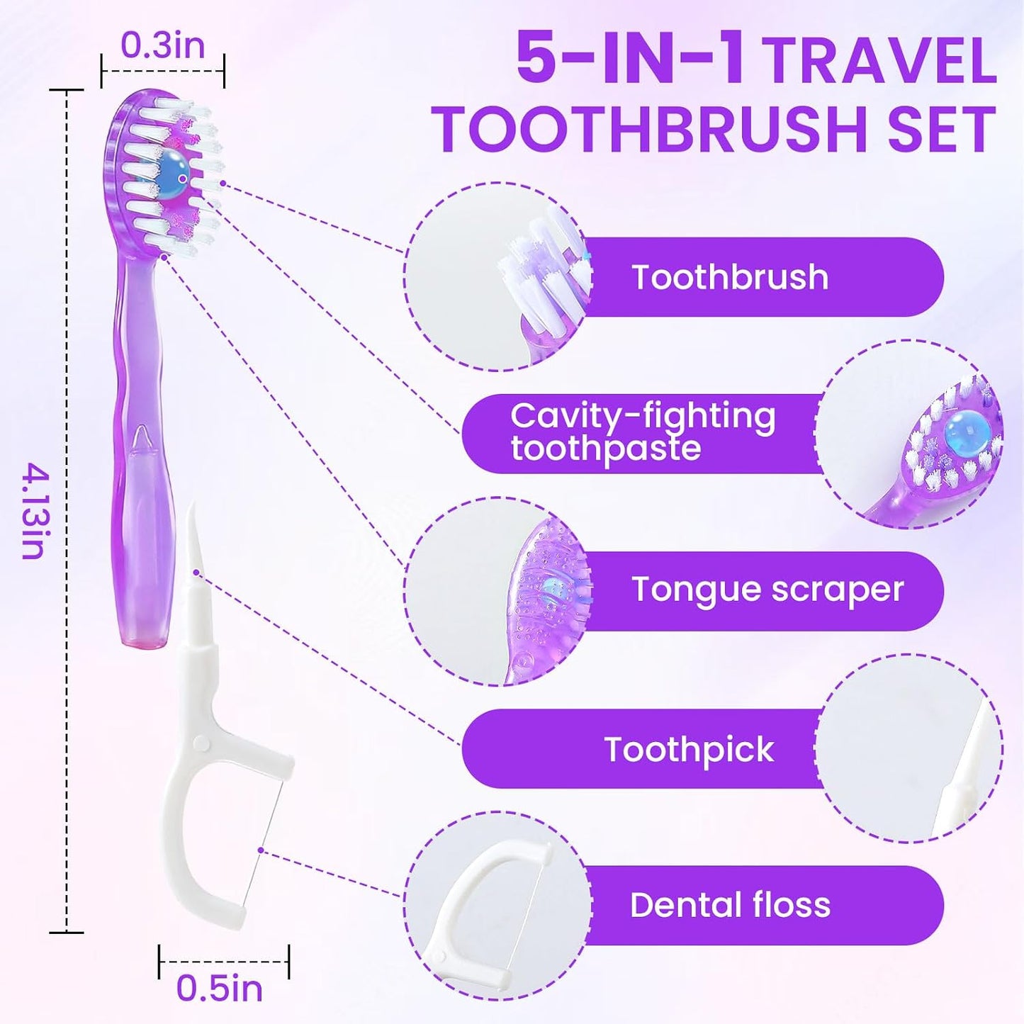48 Pack 5-in-1 Mini Toothbrush Disposable, Prepasted Toothbrushes | Waterless Disposable Toothbrushes with Toothpaste, Floss, Tongue Scraper & Toothpick, for Travel, Hotel, Camping