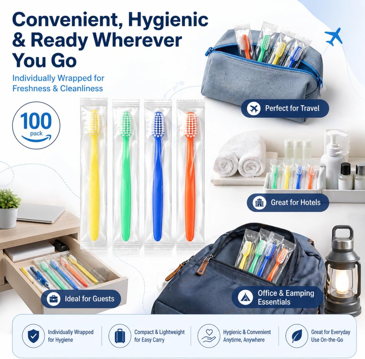Ziliny 400 Prepasted Disposable Toothbrushes Bulk Individually Wrapped | Prepasted Disposable Toothbrush,Soft Bristle,Travel, Colorful Toothbrush, for Homeless Gift, Hotel Camping Travel