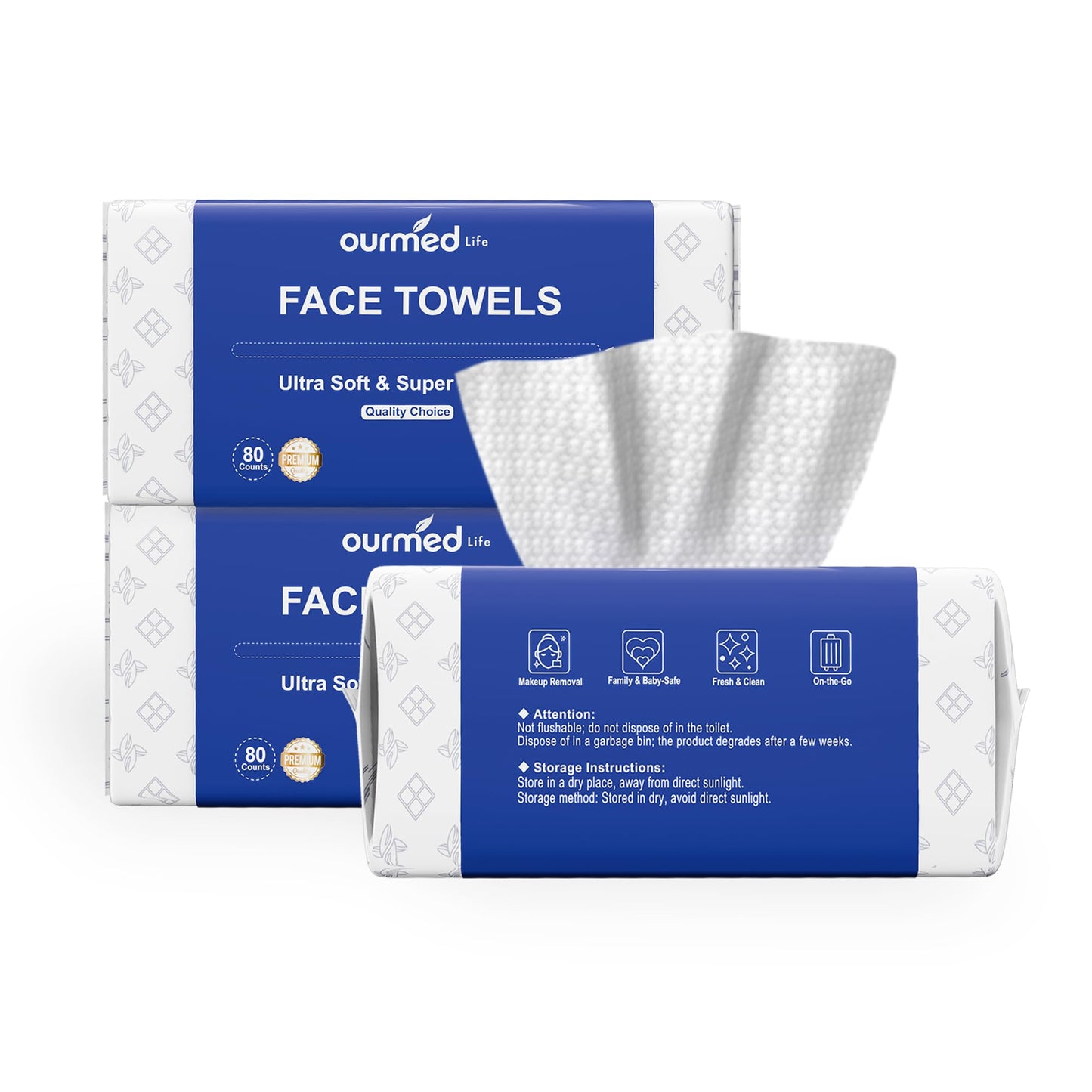 Ourmed Life Clean Face Towels Disposable, Ultra Soft & Absorbent, 100 Ct | Lint-Free, Sensitive Skin Friendly, Biodegradable, Skincare, Makeup Remover Dry Wipes, Facial Towels for Women Cleansing