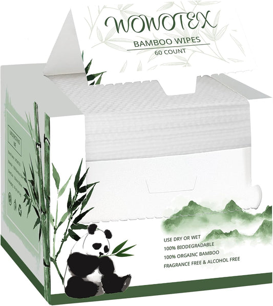 WOWOTEX Bamboo Rayon Disposable Face Towels for Sensitive Skin, Ultra Soft | 60 Count, 10"×12" Large Dry Wipes for Makeup Removal and Cleansing, Lint-free, Biodegradable, Extra Thick & Absorbent
