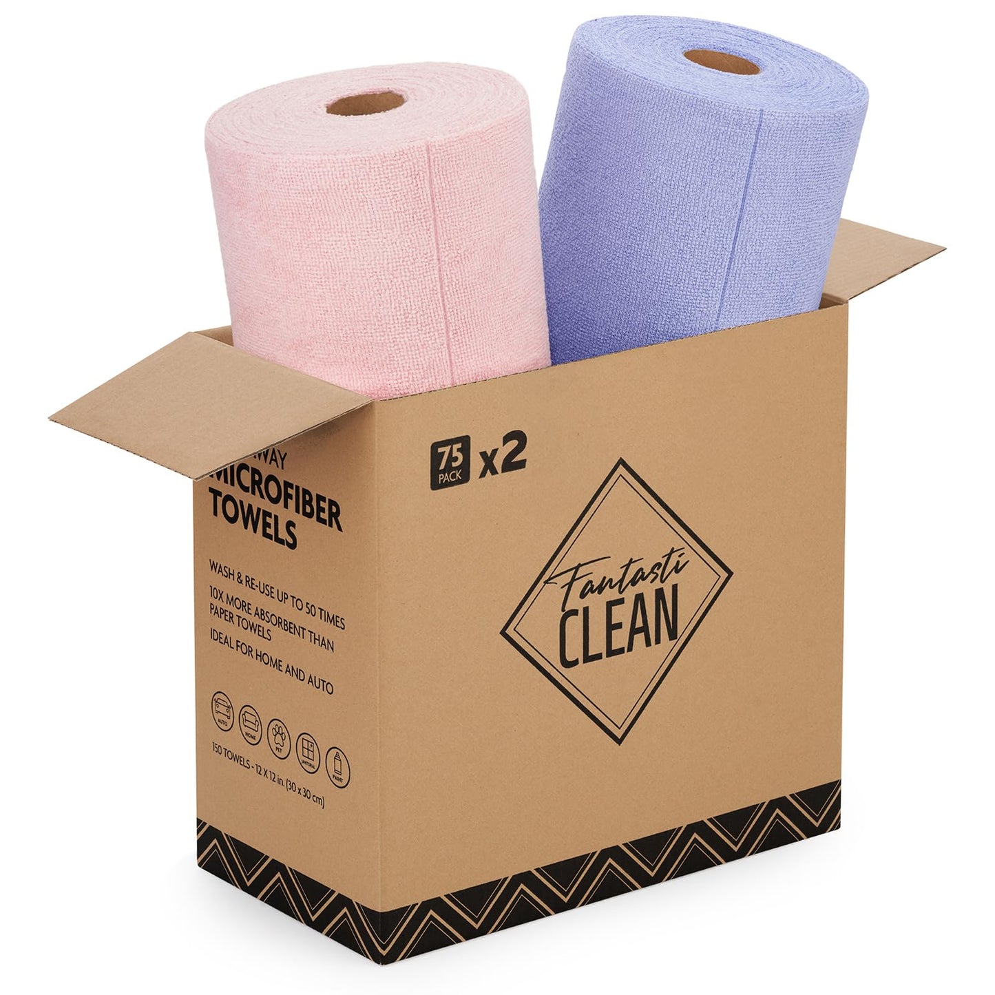 Fantasticlean Microfiber Cleaning Cloth Roll -75 Pack, 12" x 12" (Pink) | Super Absorbent, Lint-free, Tear-away Microfiber Towel Roll, for All-Purpose Cleaning, Reusable Alternative to Paper Towels