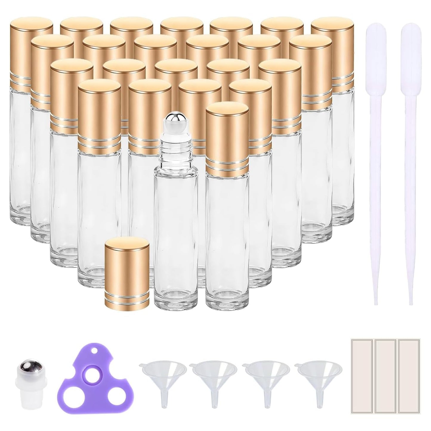PrettyCare Set of 60, 10 ml Essential Oil Roller Bottles with Stainless Steel Roller Ball - Bulk Refillable Leak-proof Empty Clear Glass Roll on Bottles with Silver Metal Caps for Travel, Perfume