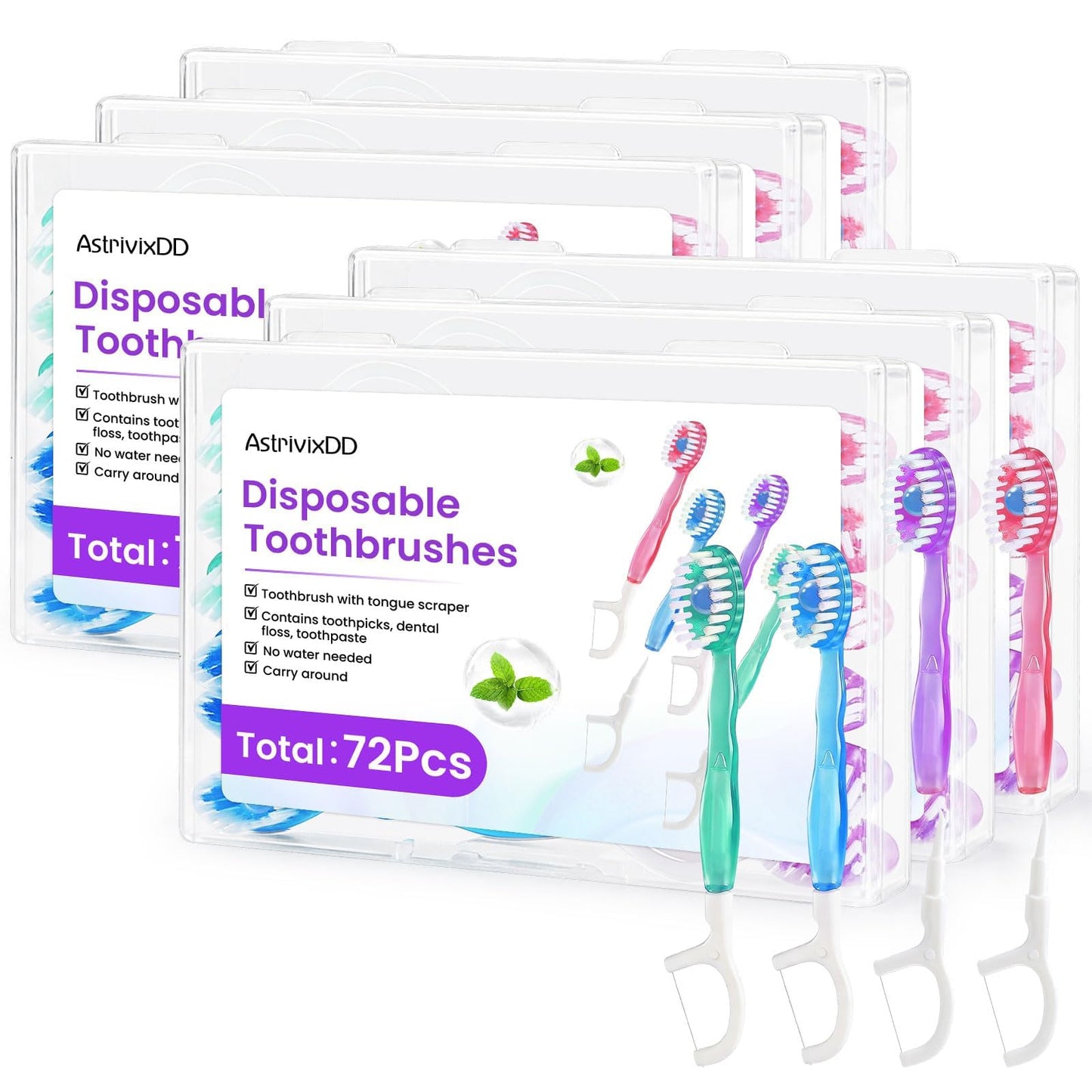 48 Pack 5-in-1 Mini Toothbrush Disposable, Prepasted Toothbrushes | Waterless Disposable Toothbrushes with Toothpaste, Floss, Tongue Scraper & Toothpick, for Travel, Hotel, Camping