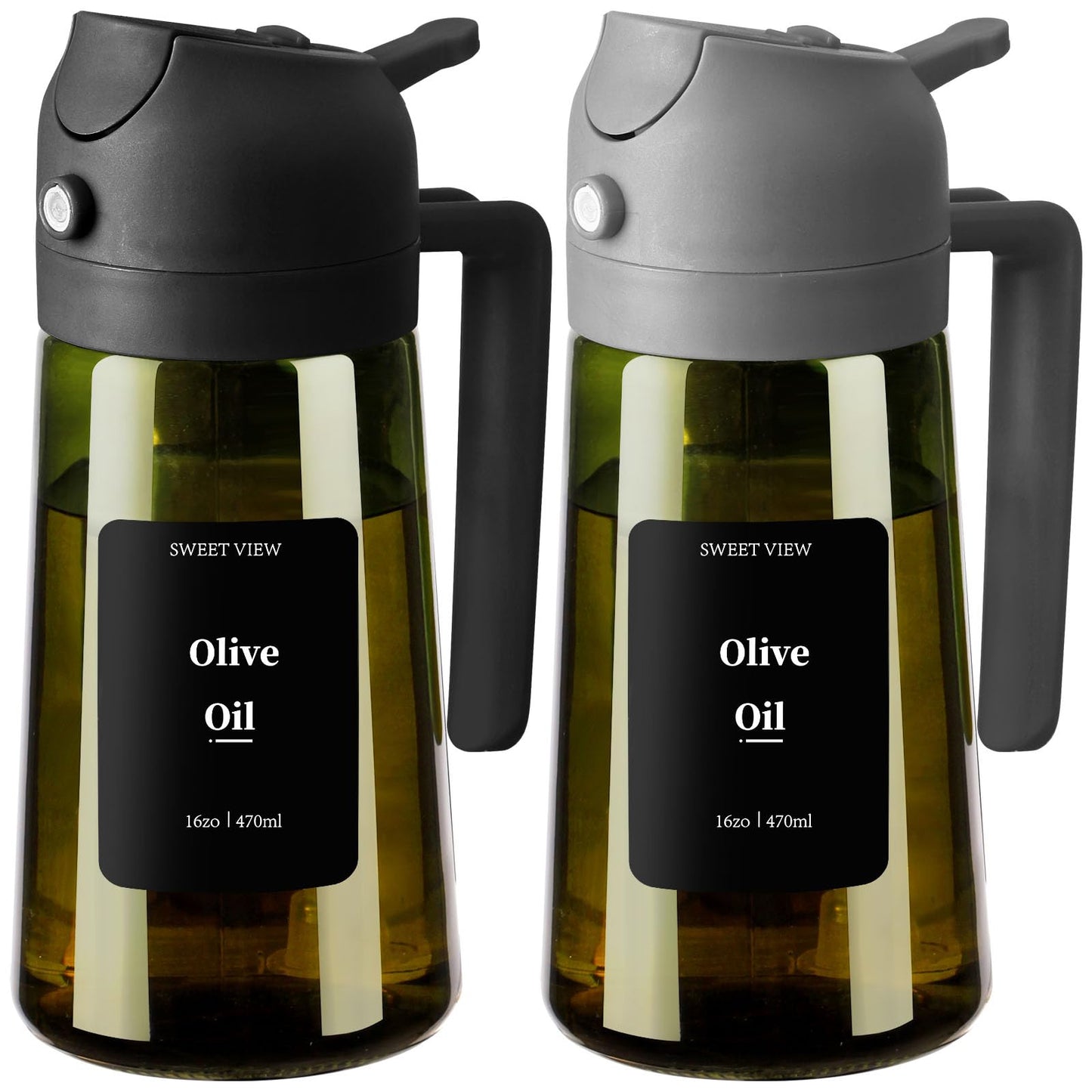 SWEET VIEW 2Pcs Olive Oil Spray Bottle 16oz/470ml | Glass Light-Proof Oil Pourer/Dispenser for Kitchen Air Fryer, Cooking, Salad, and BBQ, with Stickers