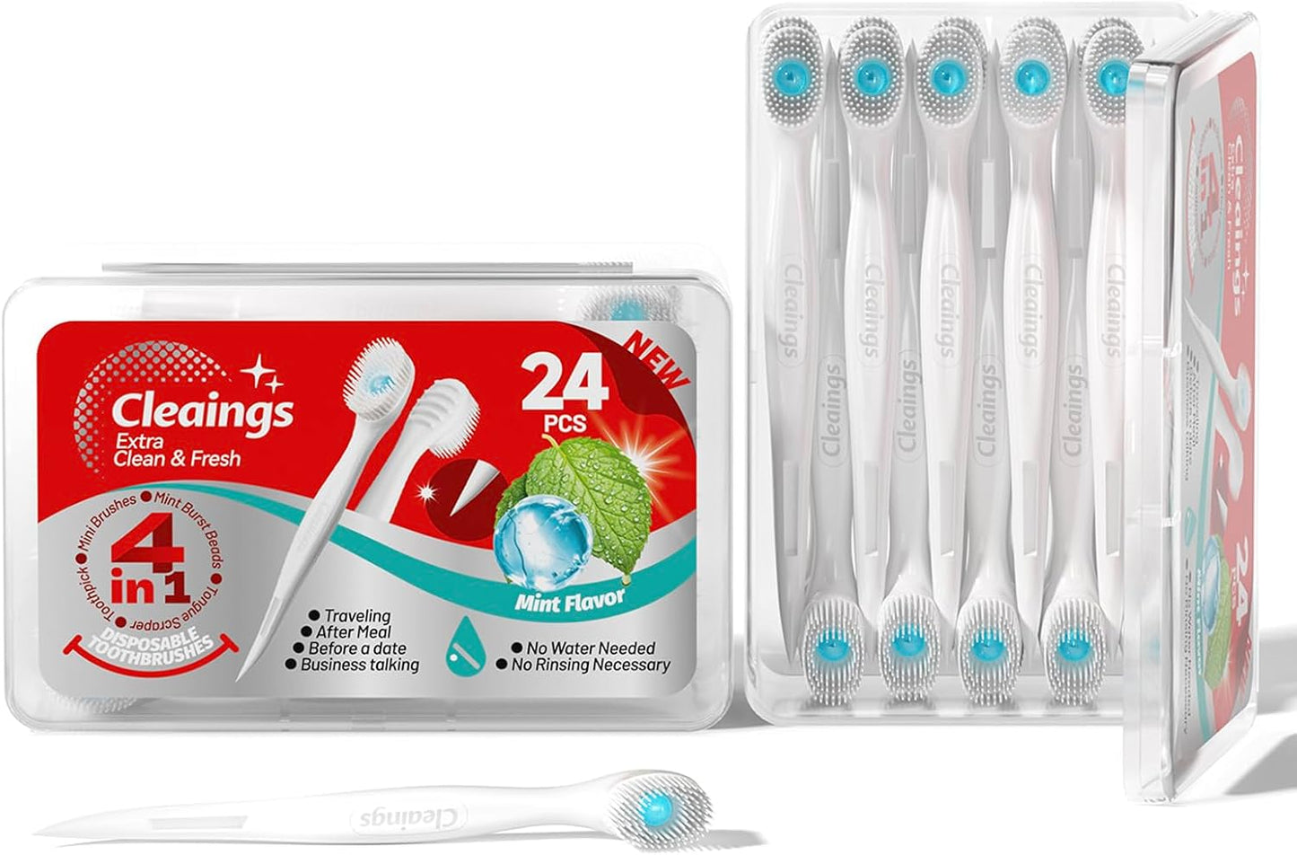 cleaings® 48 Pcs Disposable Mini Toothbrush - Pre-Pasted with Mint Toothpaste & Toothpick - Travel Size Toiletries - 2 Packs of 24 - Mint Flavor
