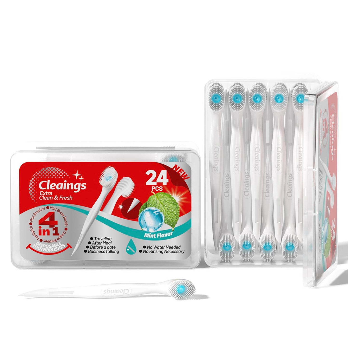 cleaings® 48 Pcs Disposable Mini Toothbrush - Pre-Pasted with Mint Toothpaste & Toothpick - Travel Size Toiletries - 2 Packs of 24 - Mint Flavor
