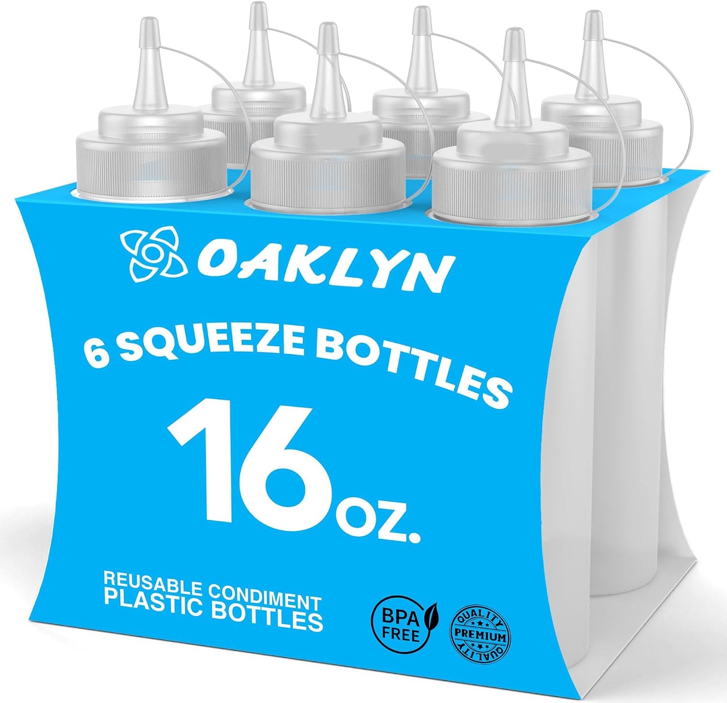 Oaklyn Squirt Bottles, BPA-Free Condiment Squeeze Bottles, 16oz, 6 Pack | For Sauces, Dressings, Oils, BBQ & Crafts – Durable, Leak-Proof, Easy to Fill & Clean