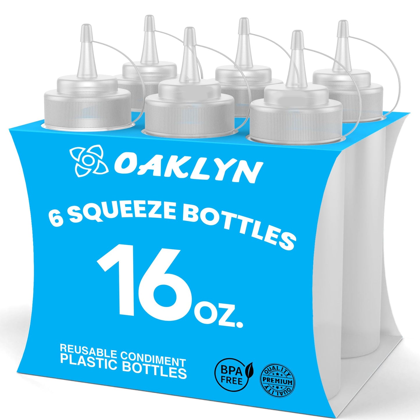 Oaklyn Squirt Bottles, BPA-Free Condiment Squeeze Bottles, 16oz, 6 Pack | For Sauces, Dressings, Oils, BBQ & Crafts – Durable, Leak-Proof, Easy to Fill & Clean
