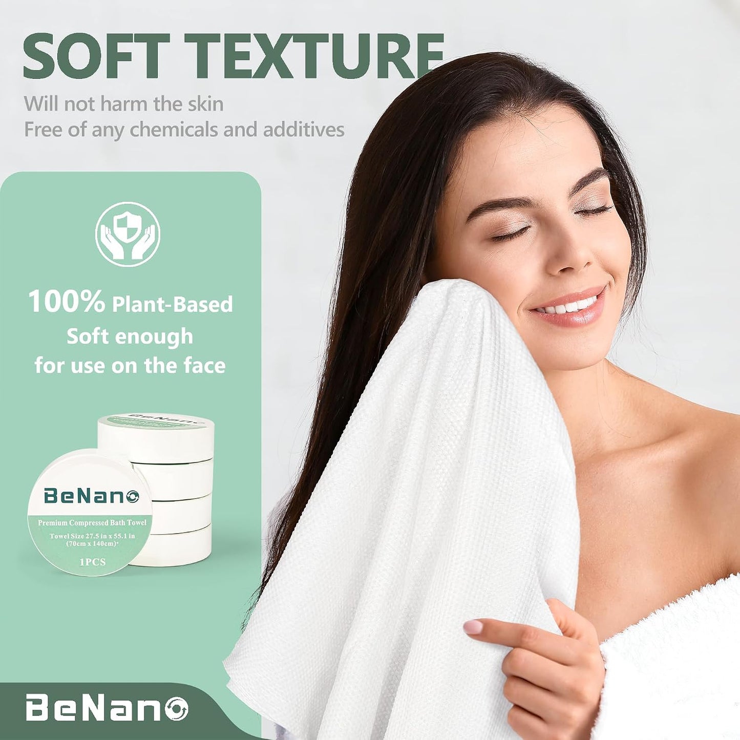 Benano 55.1x27.5 in Compressed Bath Towel Tablets | Travel Towel, 5 Pack | Water-activated, large reusable compact bath towels. Perfect for camping, hotel, hiking, sports, beach, swimming, vacation.