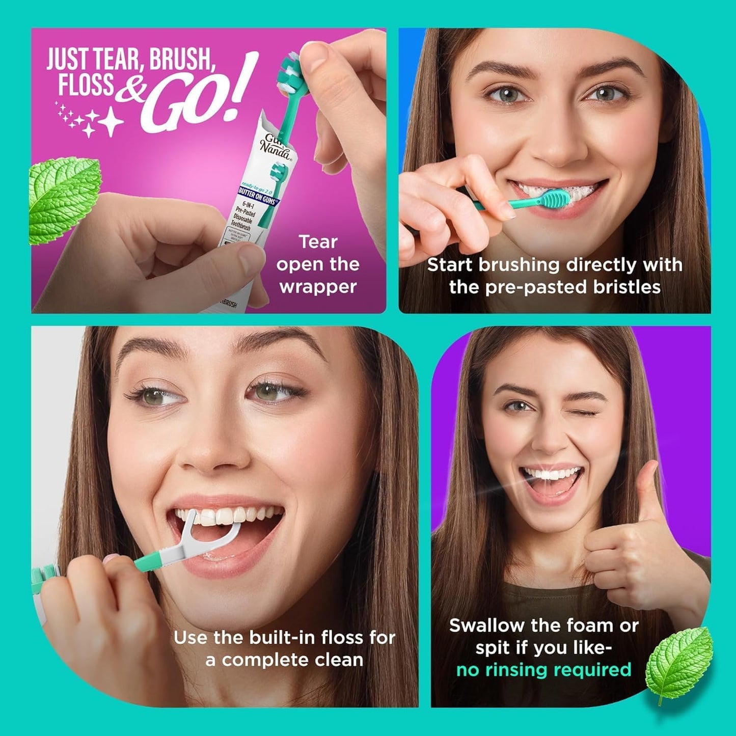 GuruNanda Disposable Travel Toothbrush 2.0, Fluoride Free Toothpaste, 60 ct | 6-In-1 Ready-To-Go Soft Toothbrushes with Tongue Scraper, Floss & Toothpick|Individually Wrapped|Made with Recycled Plastic