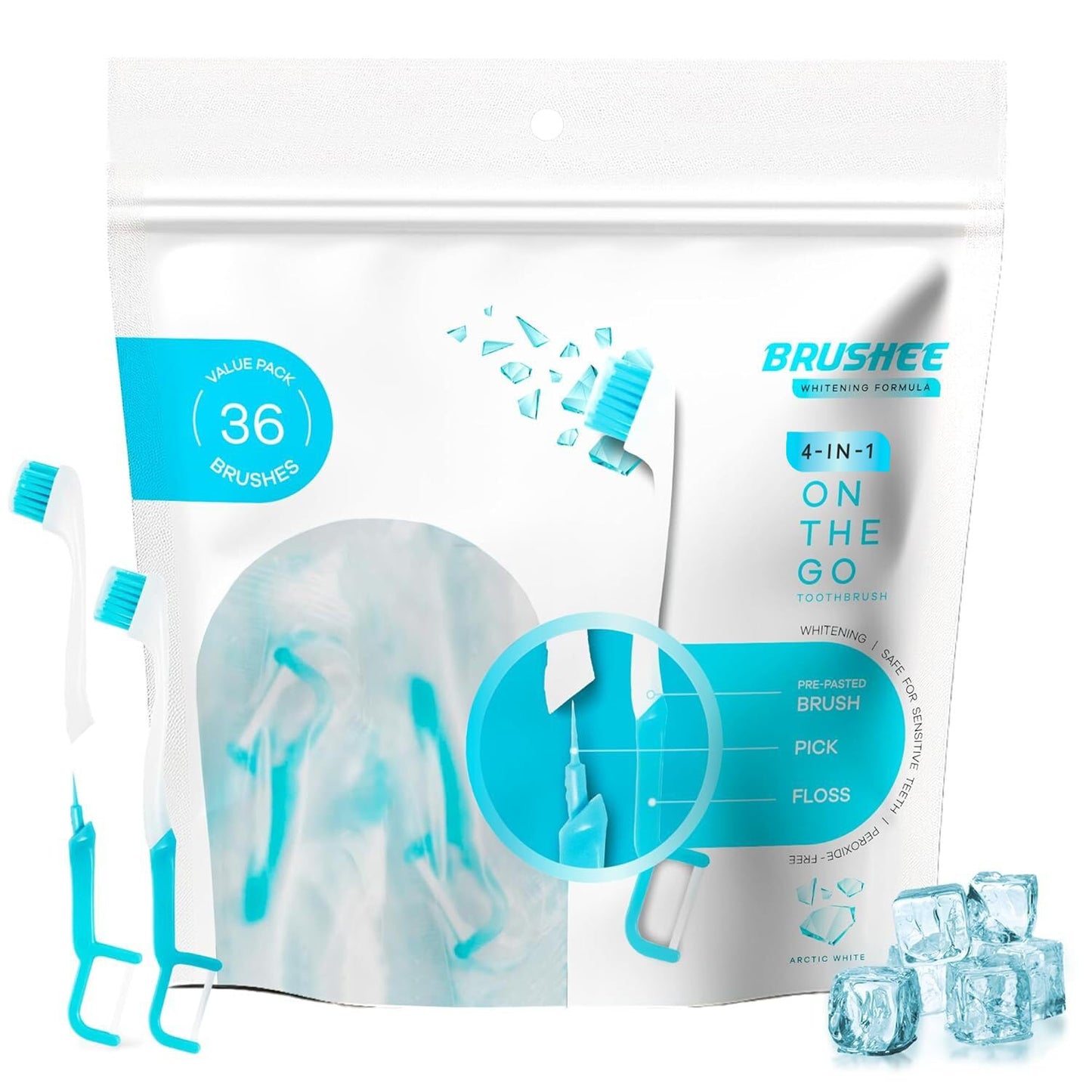 Brushee Disposable Travel Toothbrush, Fresh Mint Prepasted 4-in-1, 24-Pack | Built-In Paste, Brush, Floss & Pick; Soft Bristles, Individually Wrapped; Great for Braces & Aligners; Choking Hazard Under 3