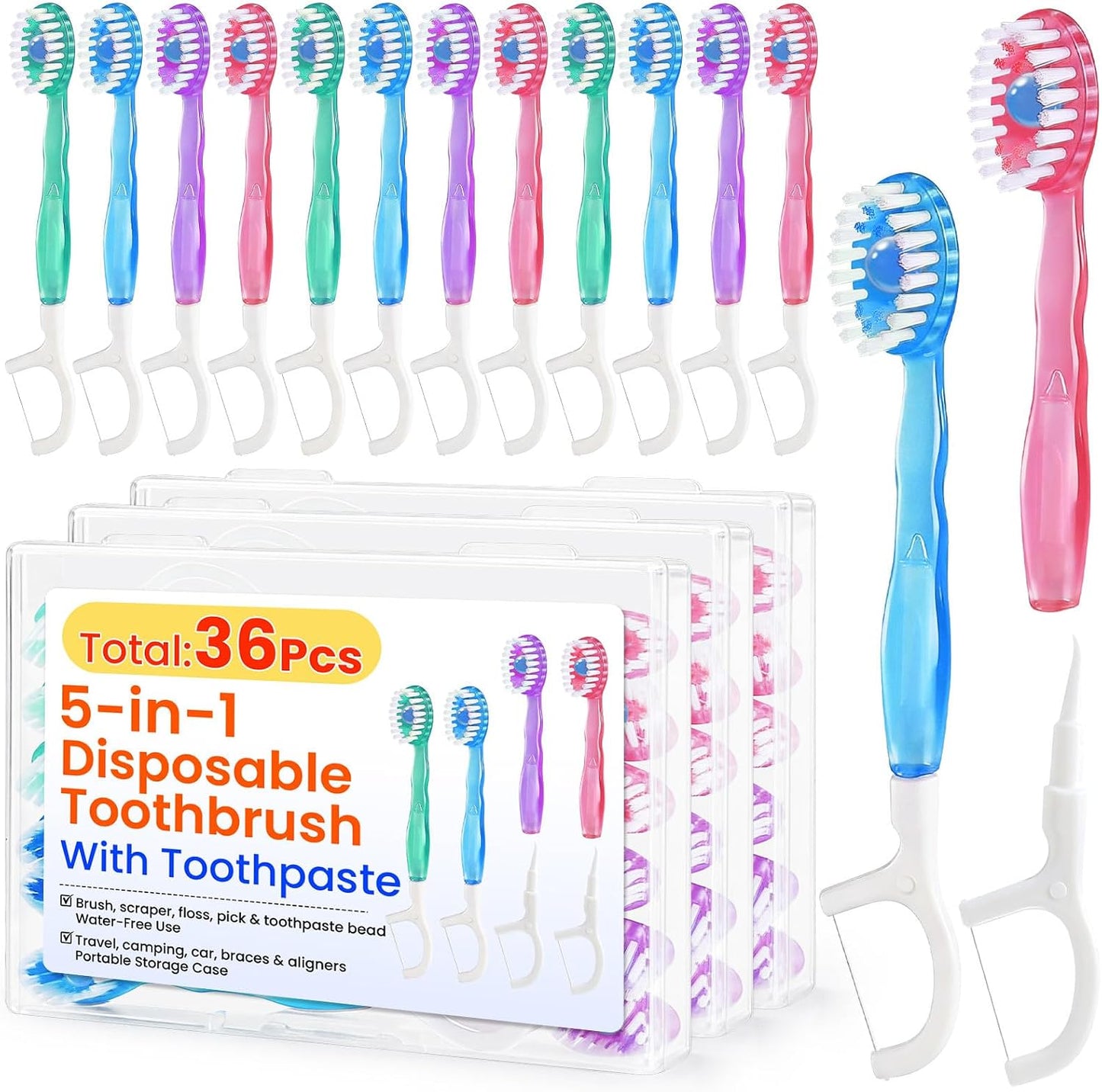 36 Pack 5-in-1 Mini Disposable Toothbrush, WaterlessToothbrushes (Mint) | Disposable Toothbrushes with Toothpaste, Floss, Tongue Scraper & Toothpick, Ideal for Travel, Work, Hotel