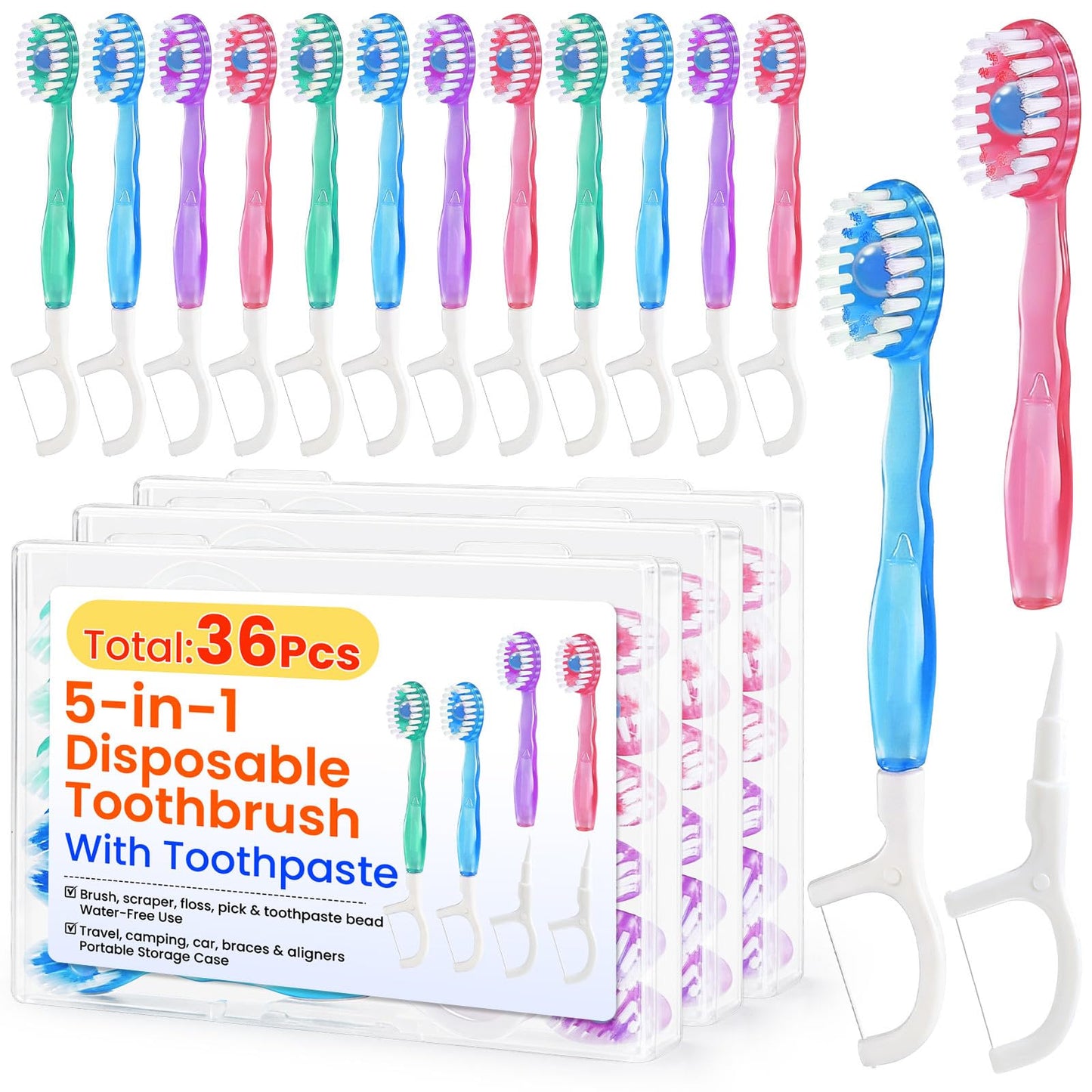 36 Pack 5-in-1 Mini Disposable Toothbrush, WaterlessToothbrushes (Mint) | Disposable Toothbrushes with Toothpaste, Floss, Tongue Scraper & Toothpick, Ideal for Travel, Work, Hotel