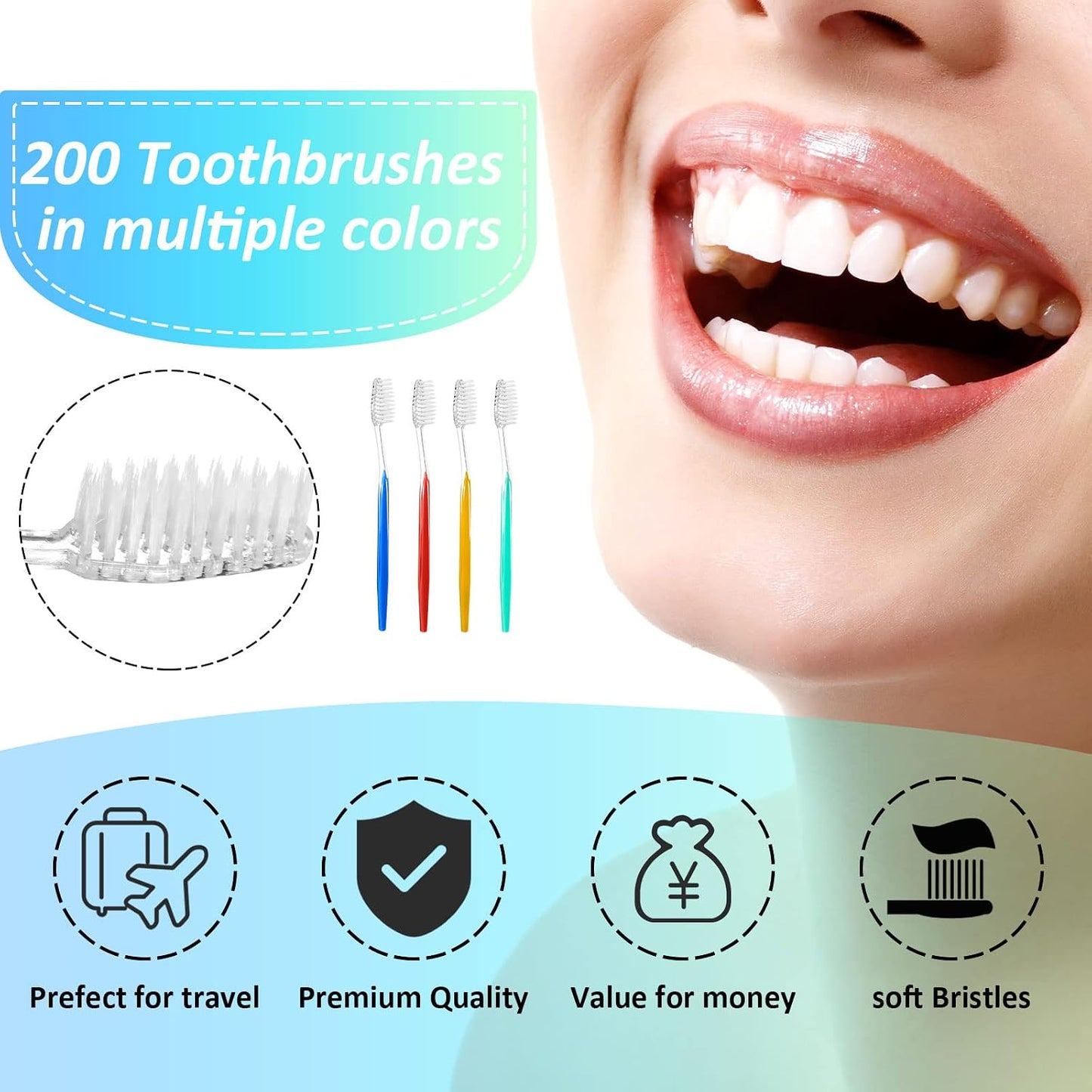 Patelai 100 Pcs Disposable Travel Toothbrush Bulk Individually Wrapped Toothbrush Pack Medium Soft Bristle Manual Disposable Colorful Tooth Brush for Adult Work Travel Hotel Donation (Vivid)